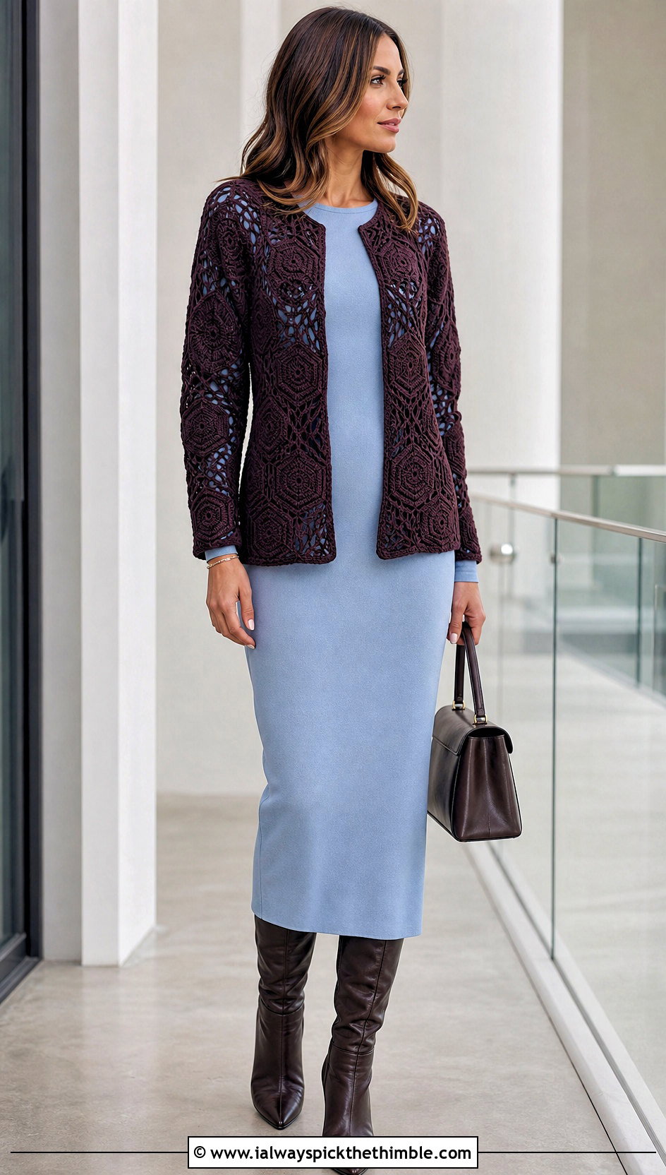 Hexagon Crochet Cardigan Sweater With Column Dress - 20 crochet winter sweater outfit ideas