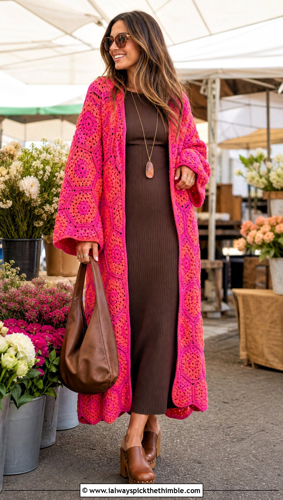 Hexagon Crochet Cardigan Sweater With Column Dress - 15 Bohemian Style Crochet Sweater outfit ideas