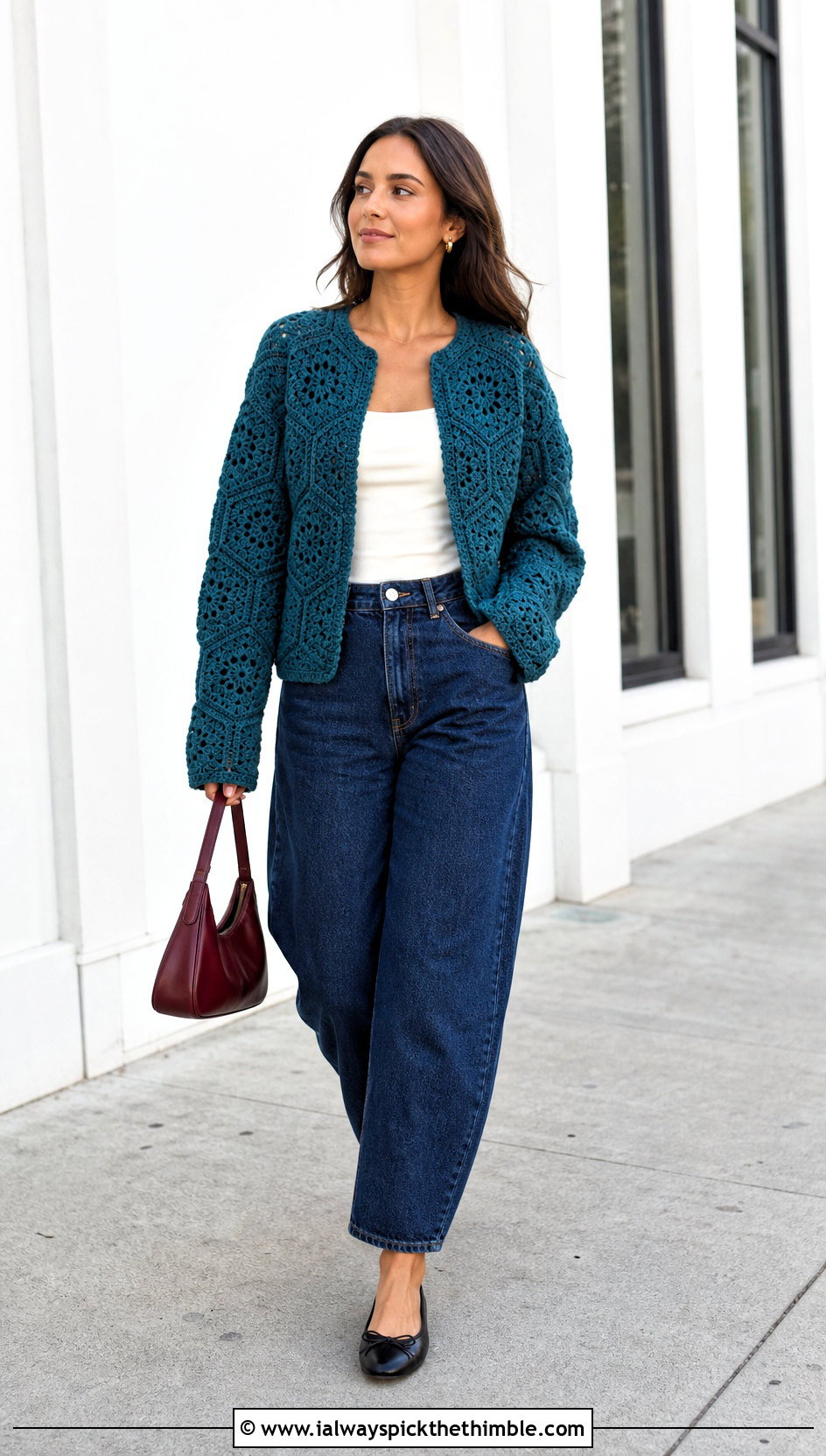 Hexagon Crochet Cardigan With Barrel Jeans - 20 thick crochet cardigan outfit ideas