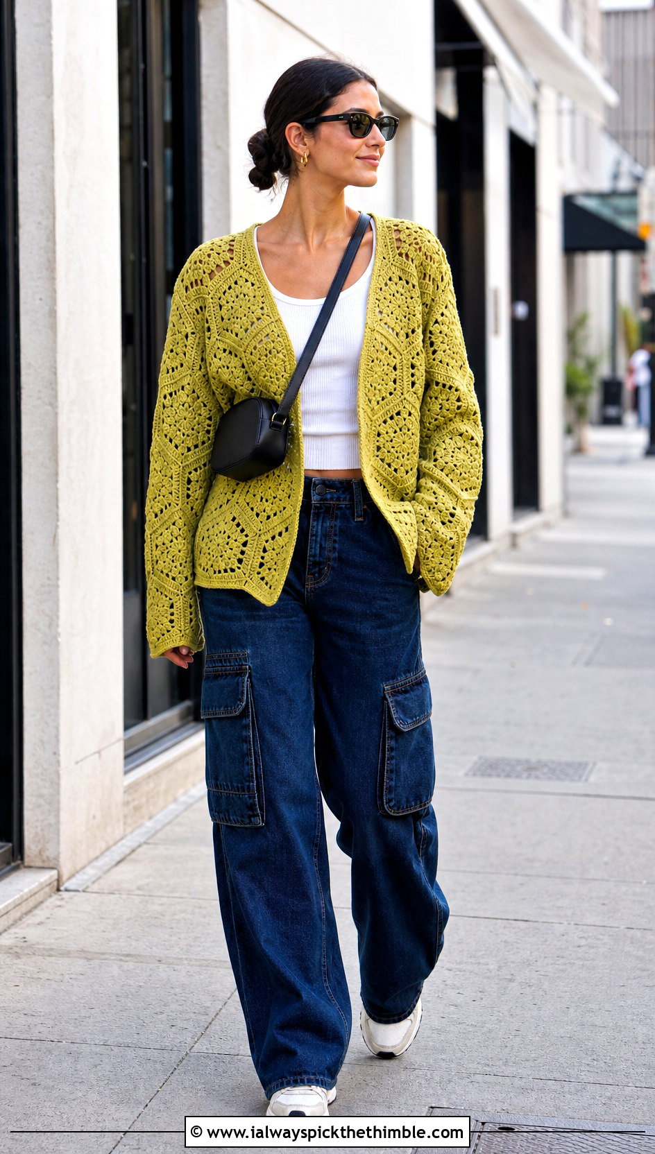 Hexagon Crochet Cardigan With Cargo Jeans - 25 easy crochet cardigan outfit ideas
