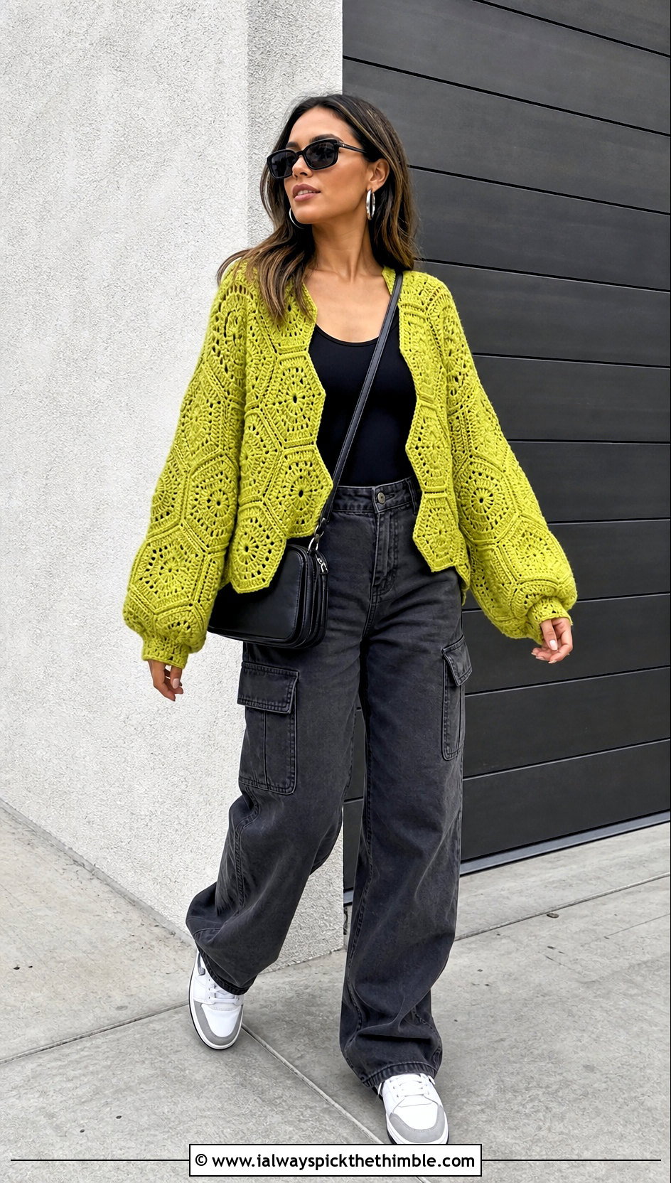Hexagon Crochet Cardigan With Cargo Pants - 15 Crochet Womens Cardigans outfit ideas