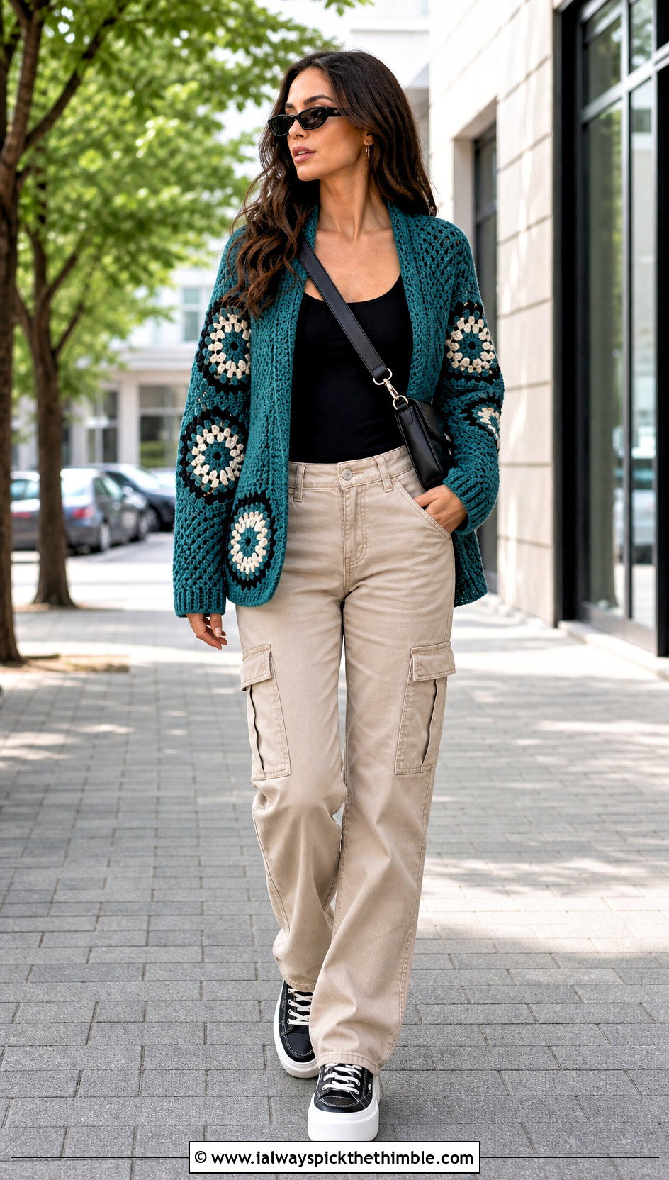 Hexagon Crochet Cardigan With Cargo Pants - 20 diy crochet cardigan outfit ideas