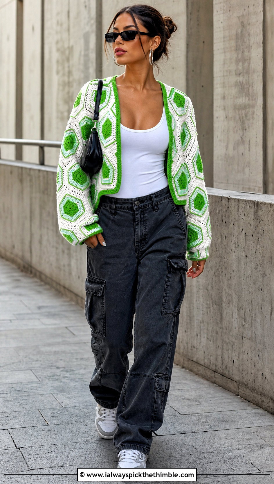 Hexagon Crochet Cardigan With Cargo Pants - 20 green and white crochet cardigan outfit ideas