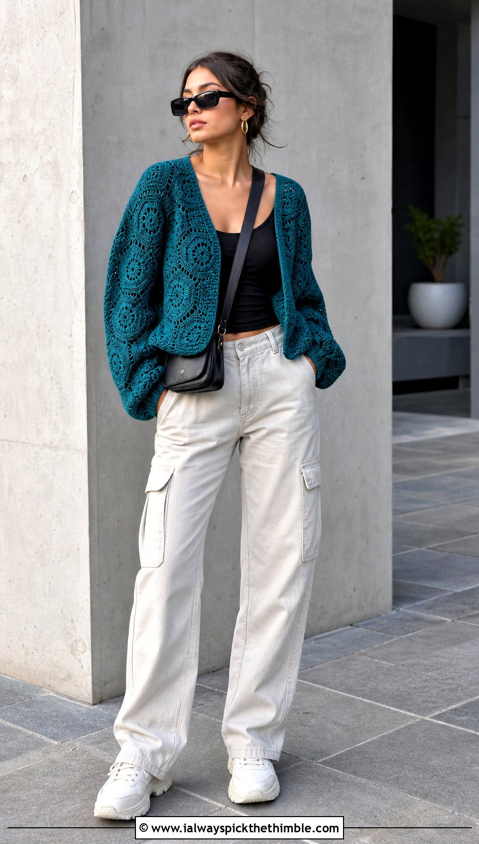 Hexagon Crochet Cardigan With Cargo Pants - 20 loose crochet cardigan outfit ideas