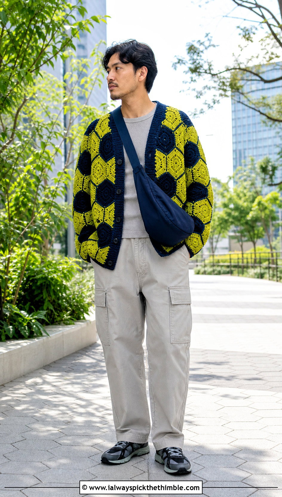 Hexagon Crochet Cardigan With Cargo Pants - 20 men's crochet cardigan outfit ideas