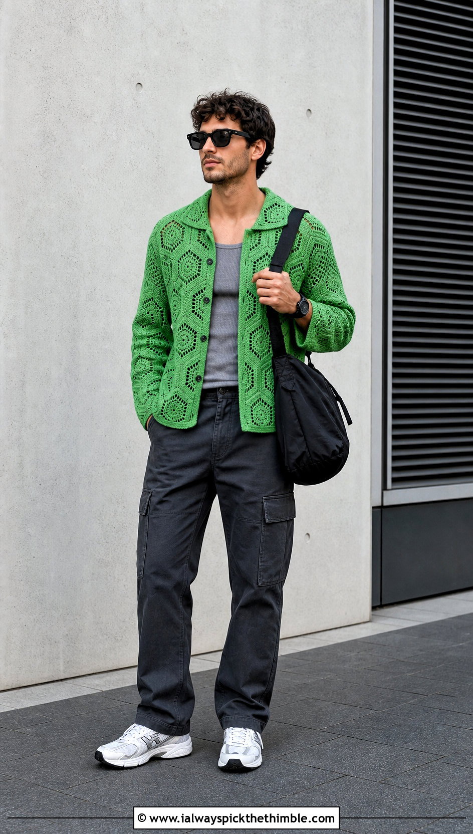 Hexagon Crochet Cardigan With Cargo Pants - 20 mens crochet cardigan sweater outfit ideas