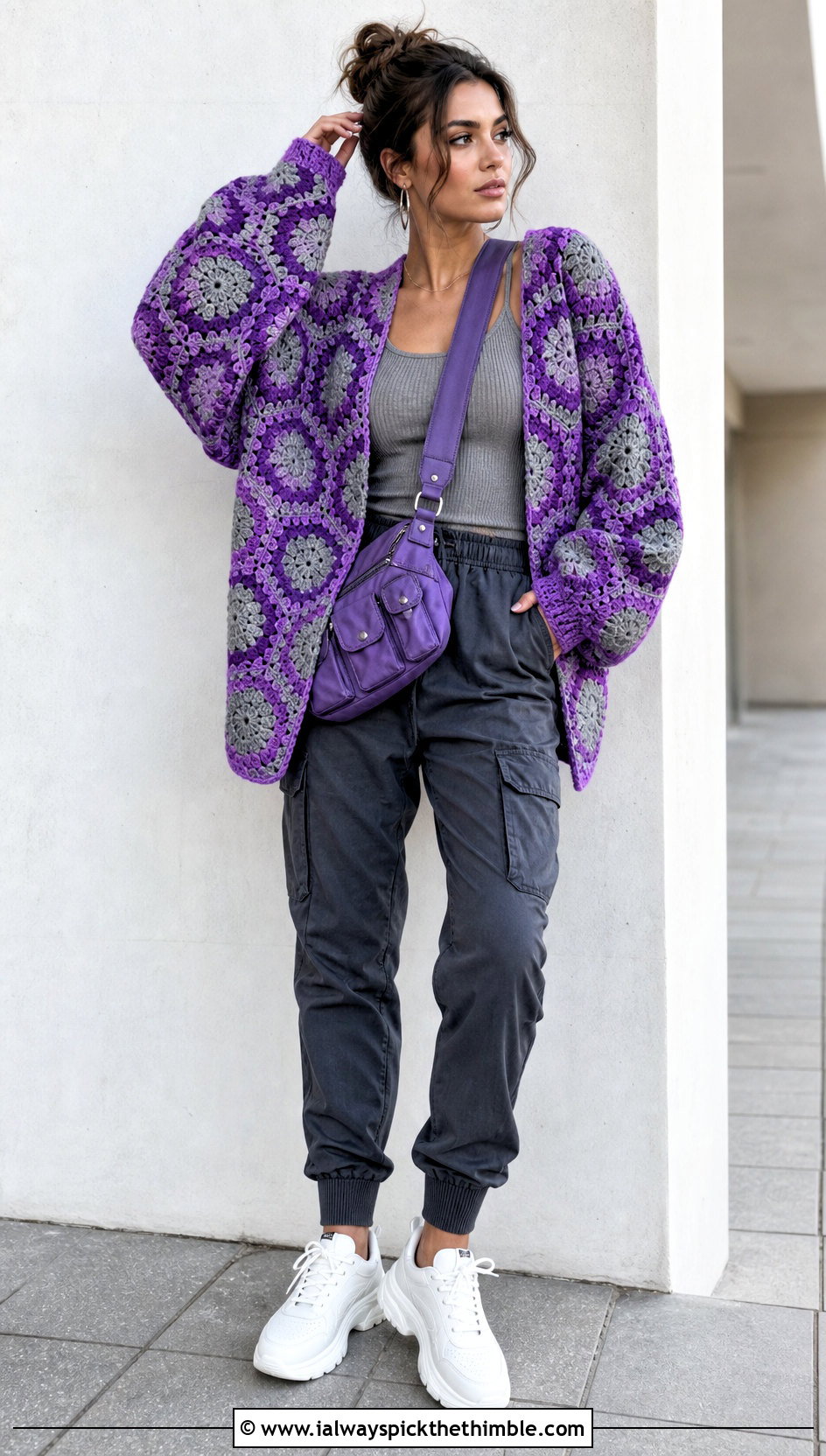 Hexagon Crochet Cardigan With Cargo Pants - 20 two color crochet cardigan outfit ideas
