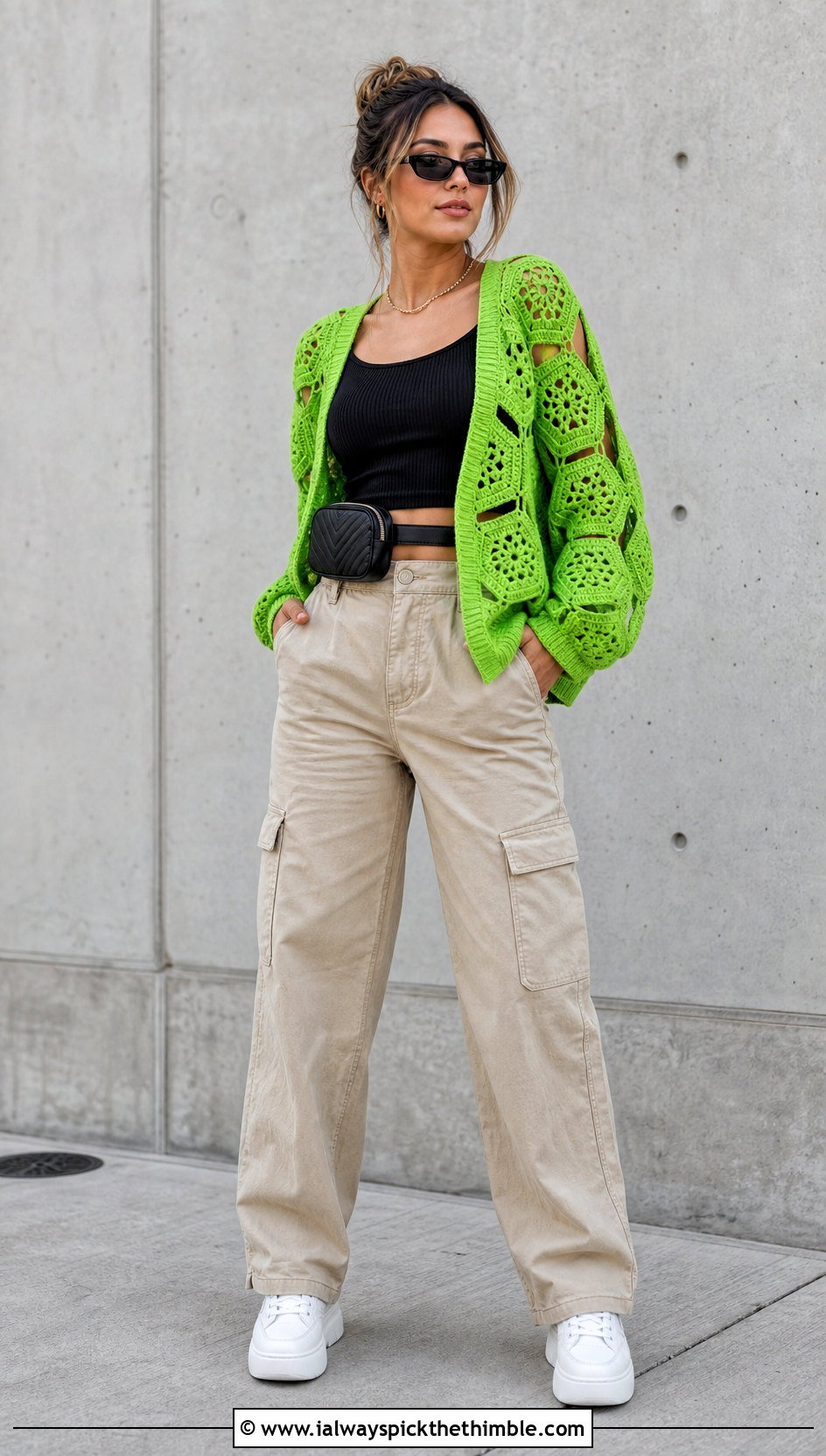 Hexagon Crochet Cardigan With Cargo Pants - 25 crochet cardigan for women outfit ideas