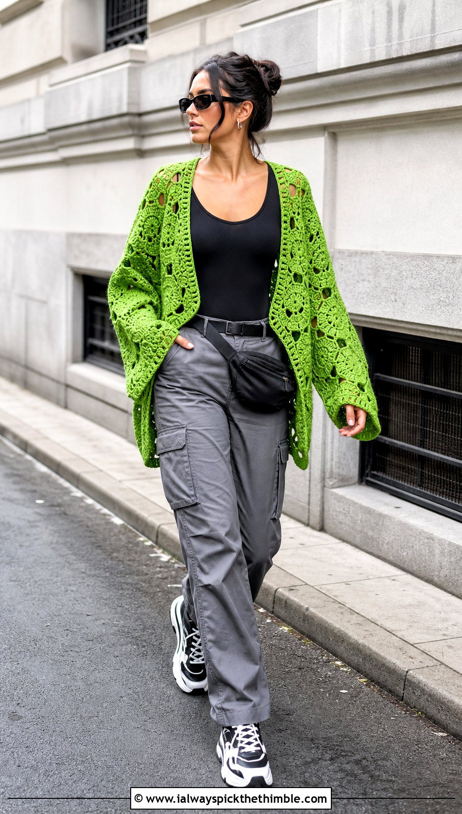 Hexagon Crochet Cardigan With Cargo Pants - 25 crochet cardigan ideas
