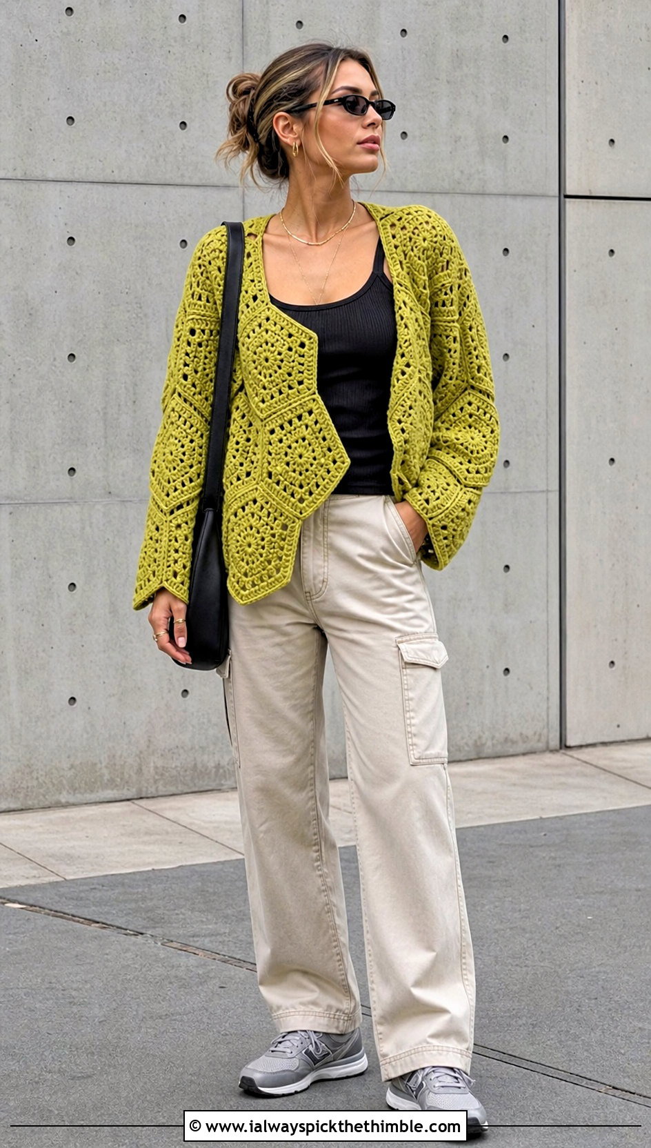 Hexagon Crochet Cardigan With Cargo Pants - 25 crochet cardigan outfit ideas