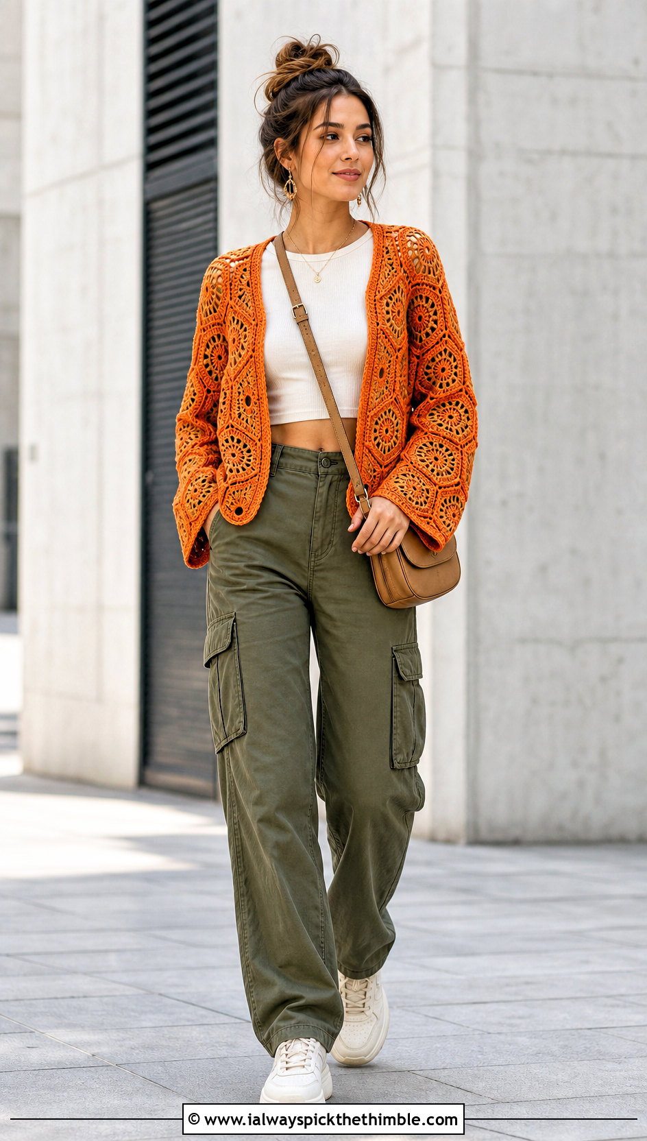 Hexagon Crochet Cardigan With Cargo Pants - 15 trendy crochet cardigan outfit ideas