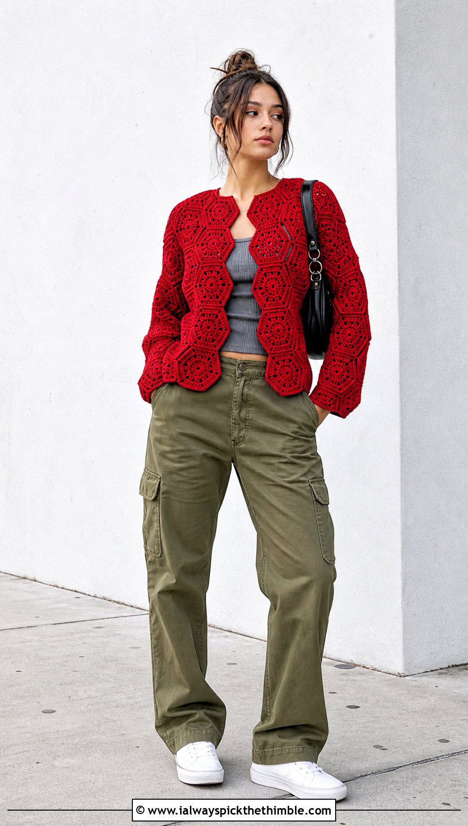 Hexagon Crochet Cardigan With Cargo Pants - 25 crochet cardigans for women outfit ideas