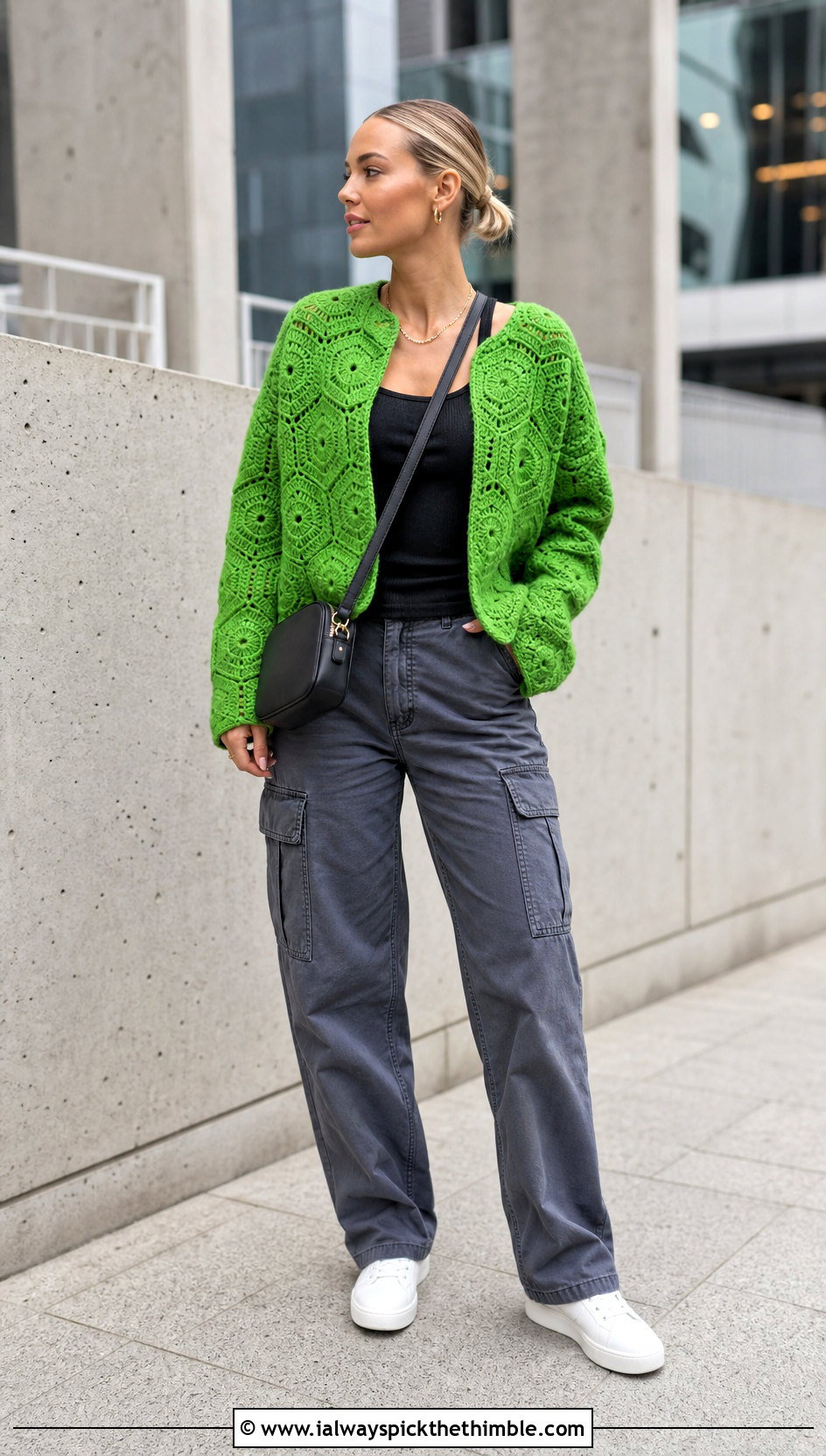 Hexagon Crochet Cardigan With Cargo Pants - 25 crocheted cardigan outfit ideas
