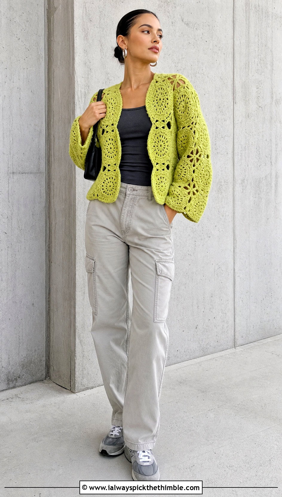 Hexagon Crochet Cardigan With Cargo Pants - 20 3 weight yarn crochet cardigan outfit ideas