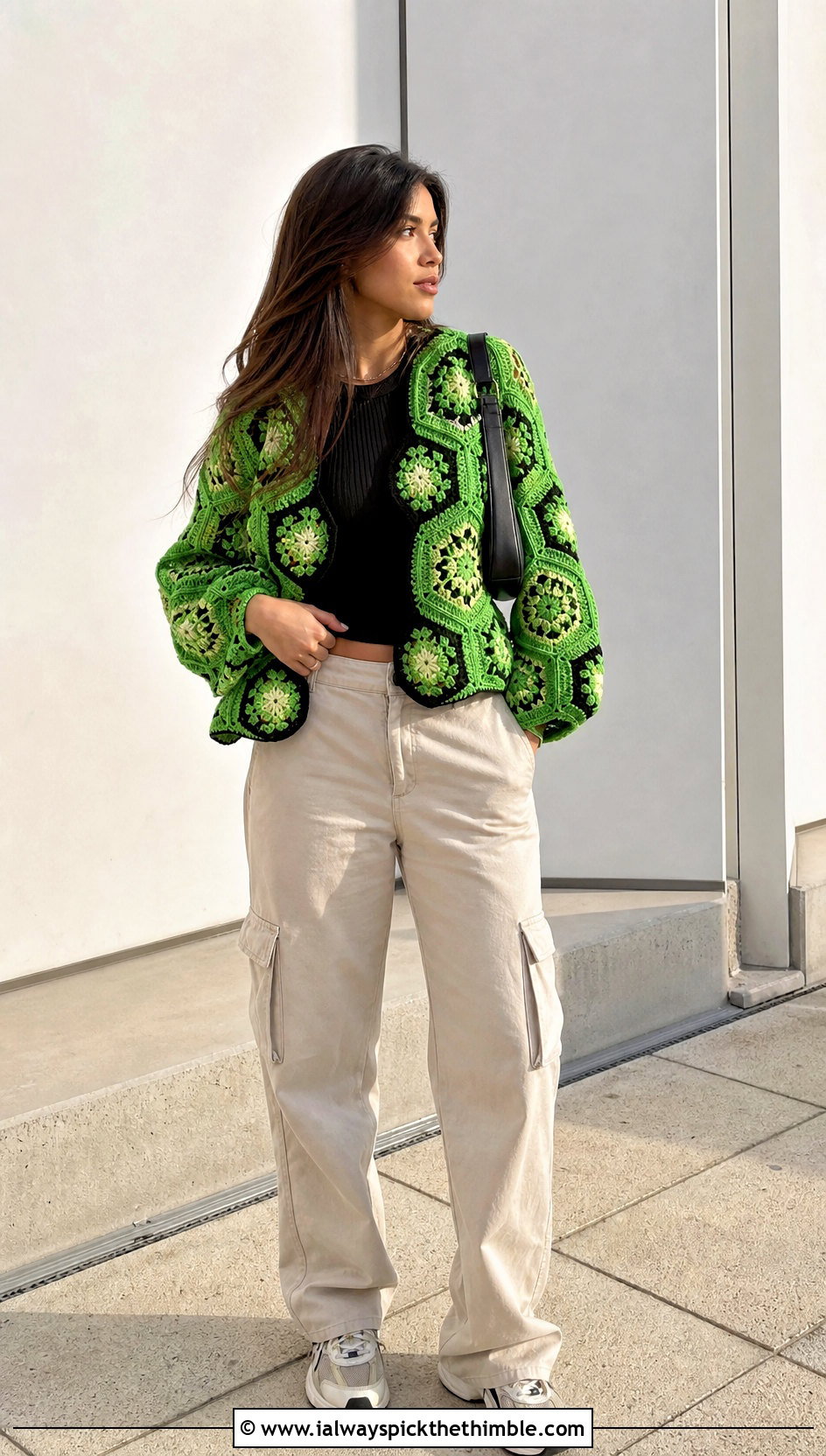 Hexagon Crochet Cardigan With Cargo Pants - 20 Autumn Crochet Cardigan outfit ideas