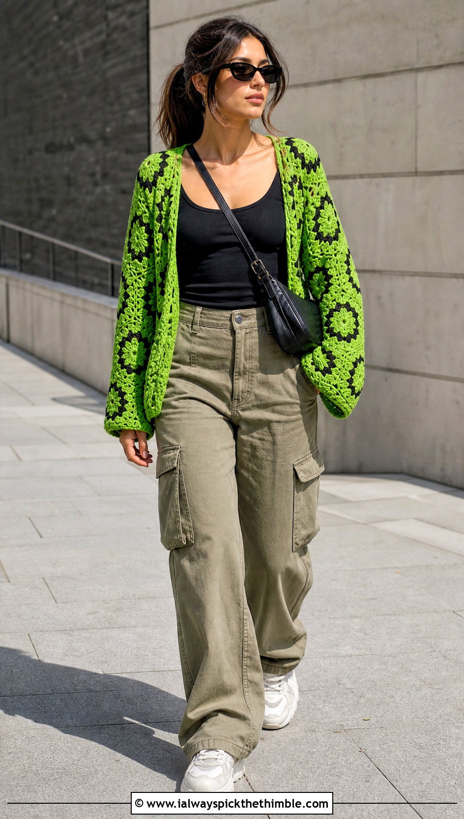 Hexagon Crochet Cardigan With Cargo Pants - 20 basic crochet cardigan outfit ideas