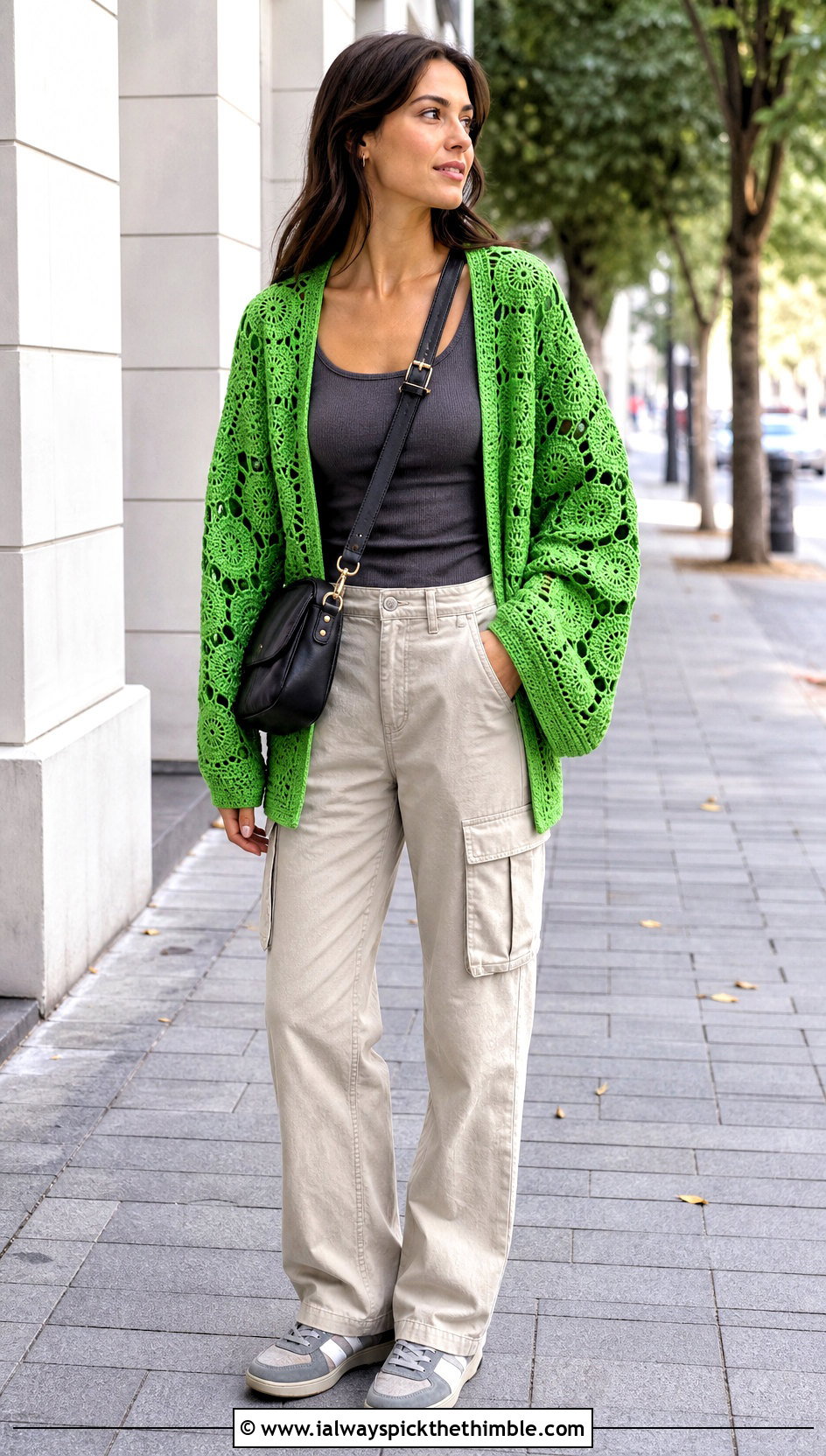 Hexagon Crochet Cardigan With Cargo Pants - 20 crochet for cardigans outfit ideas