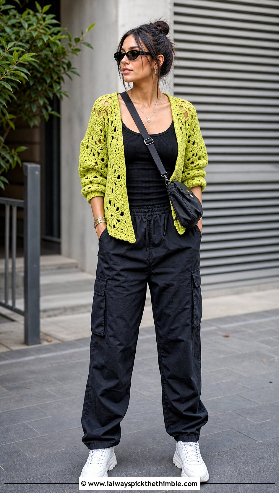 Hexagon Crochet Cardigan With Cargo Pants - 20 crochet for ladies cardigans outfit ideas