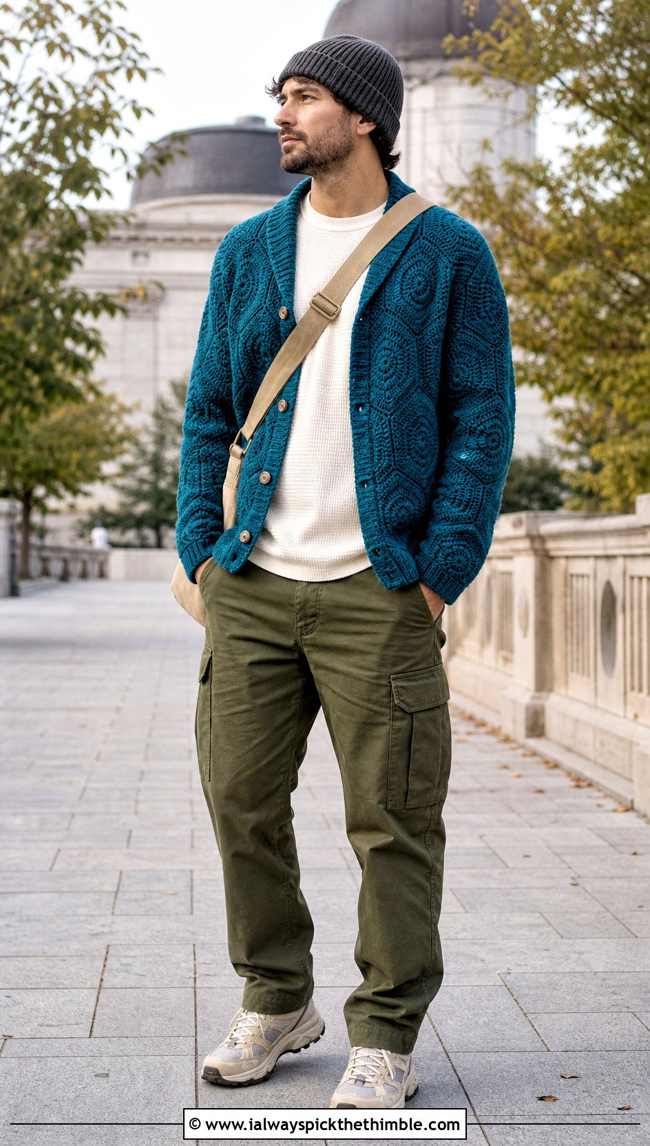 Hexagon Crochet Cardigan With Cargo Pants - 20 crochet man cardigan outfit ideas