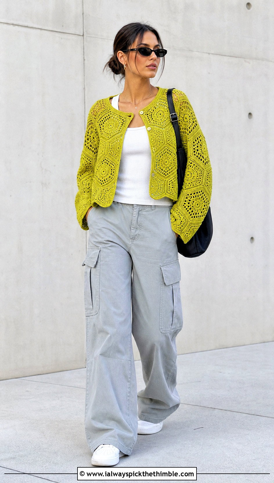 Hexagon Crochet Cardigan With Cargo Pants - 20 crochet women's cardigan outfit ideas
