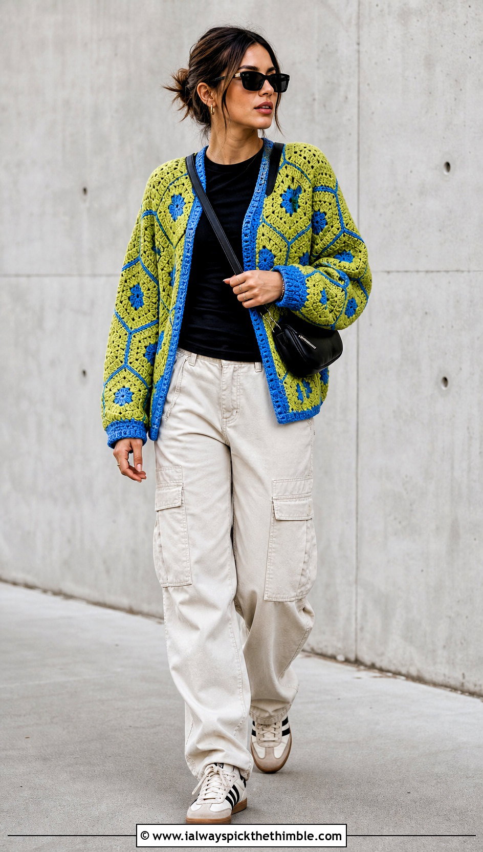 Hexagon Crochet Cardigan With Cargo Pants - 15 crochet cardigan with blue accents outfit ideas
