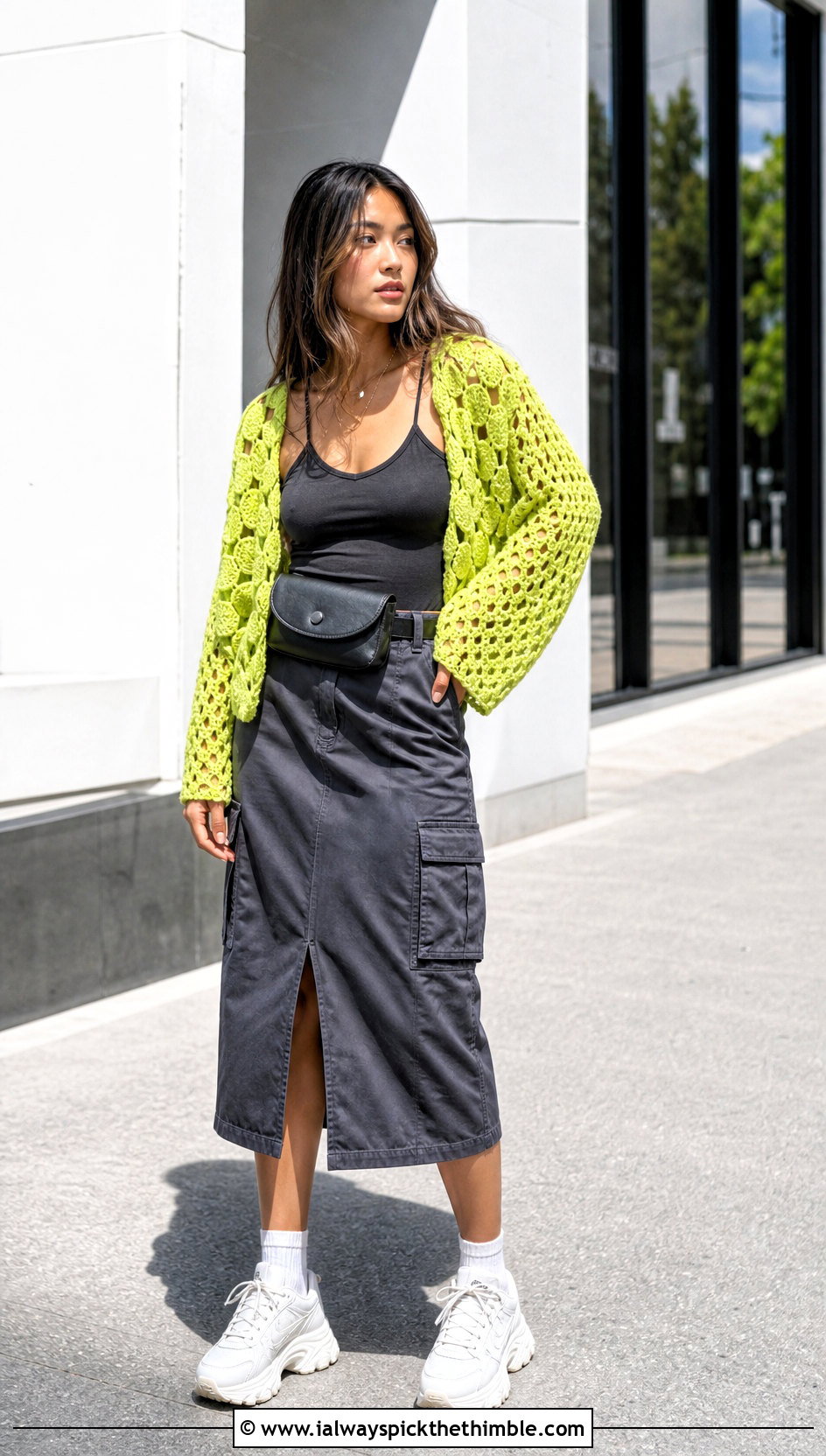 Hexagon Crochet Cardigan With Cargo Skirt - 20 Crochet Cardigan Outfit Aesthetic outfit ideas