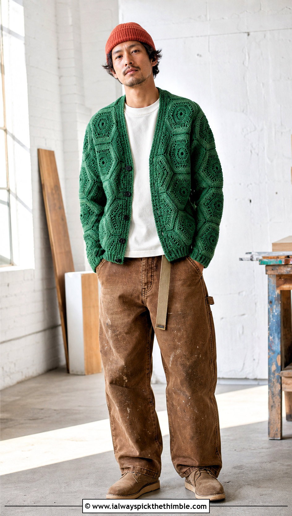 Hexagon Crochet Cardigan With Carpenter Jeans - 25 crochet cardigan men outfit ideas
