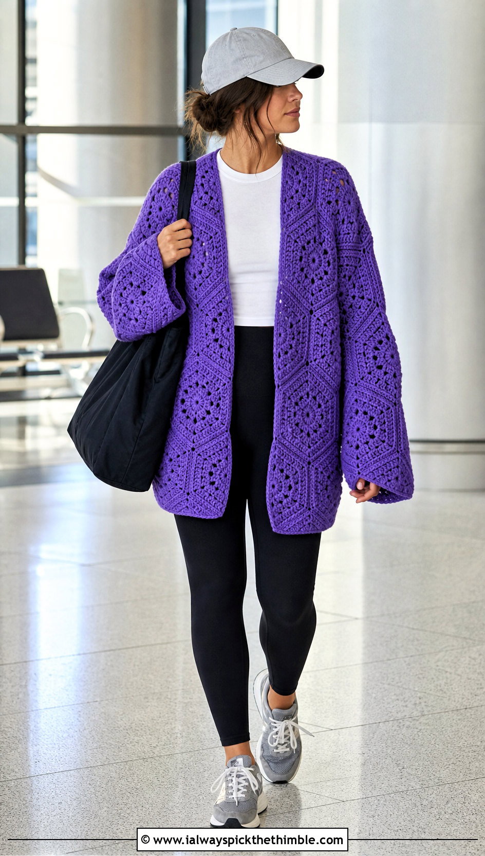 Hexagon Crochet Cardigan With Dad Cap and Leggings - 15 Crochet Cardigan With Hat outfit ideas