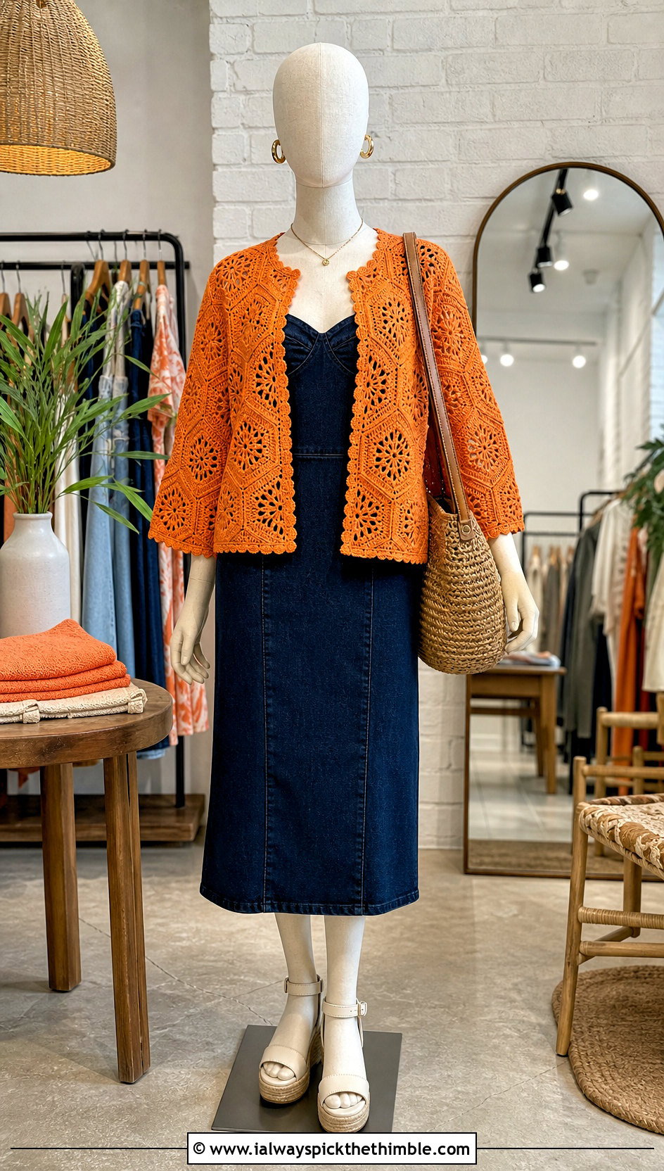 Hexagon Crochet Cardigan With Denim Midi Dress - 15 Crochet Cardigan On Mannequin outfit ideas