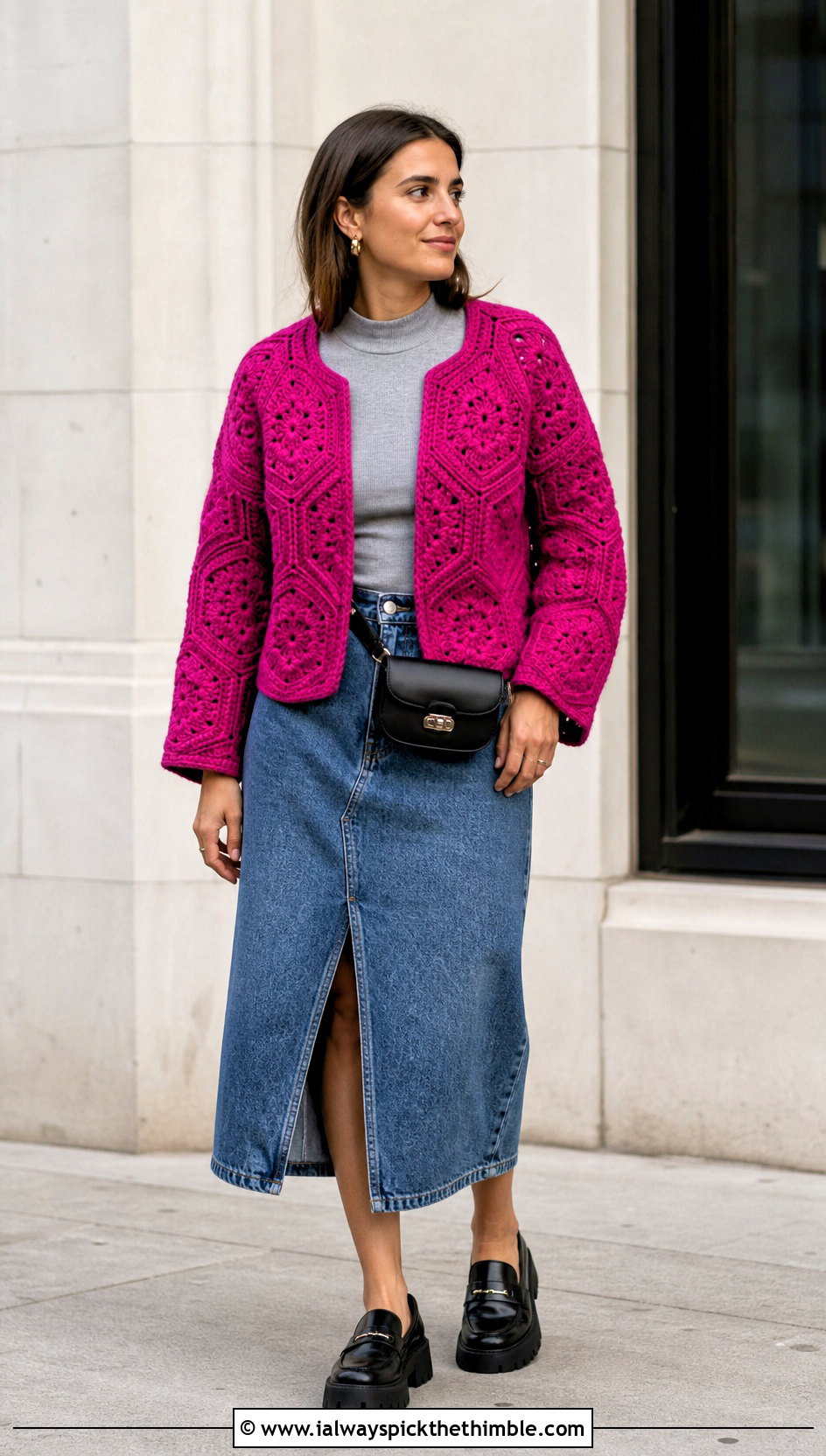 Hexagon Crochet Cardigan With Denim Midi Skirt - 20 Crochet Fancy Cardigan outfit ideas
