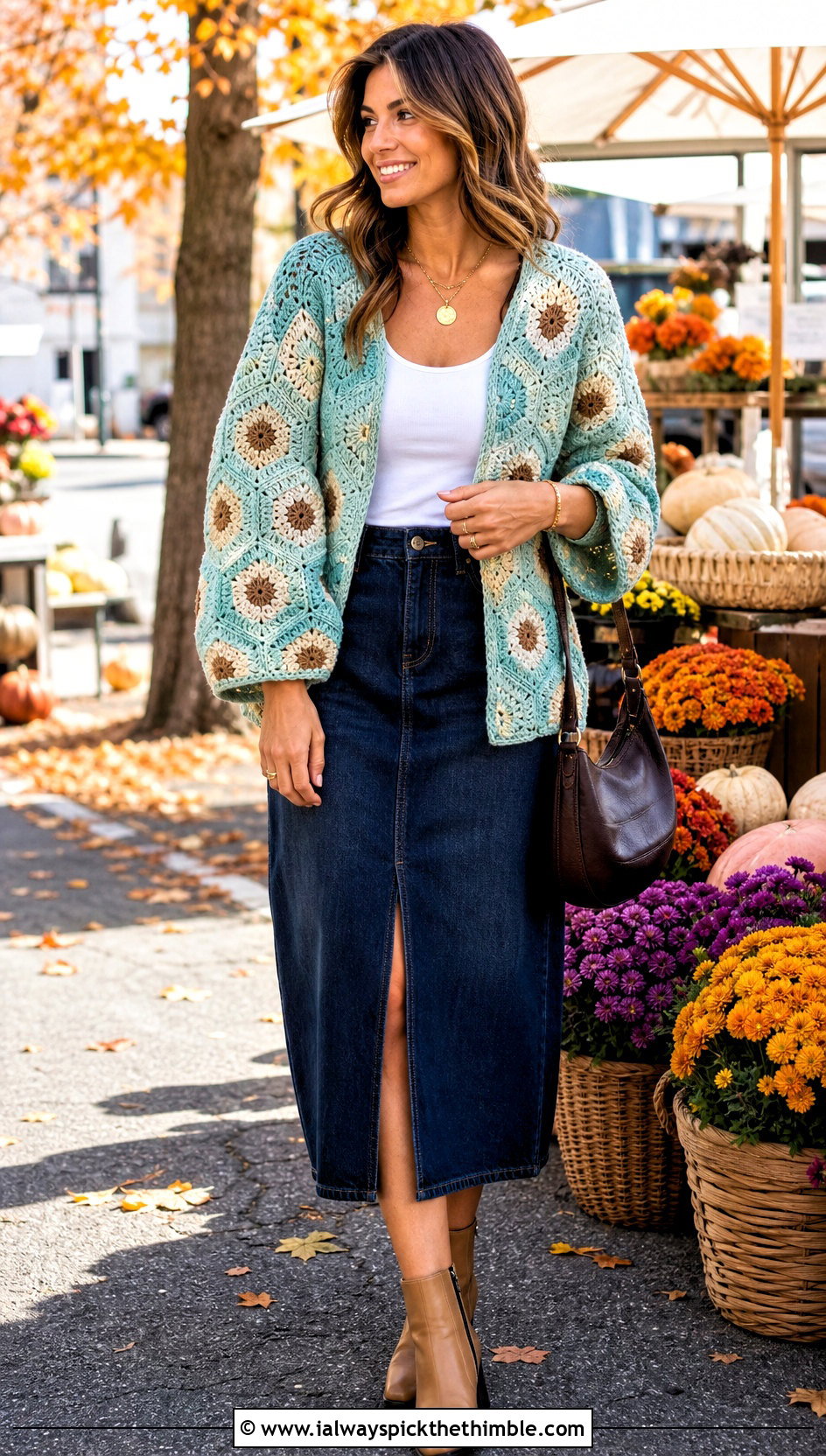Hexagon Crochet Cardigan With Denim Midi Skirt - 20 Crochet Cardigan For Women Sweater Coats outfit ideas