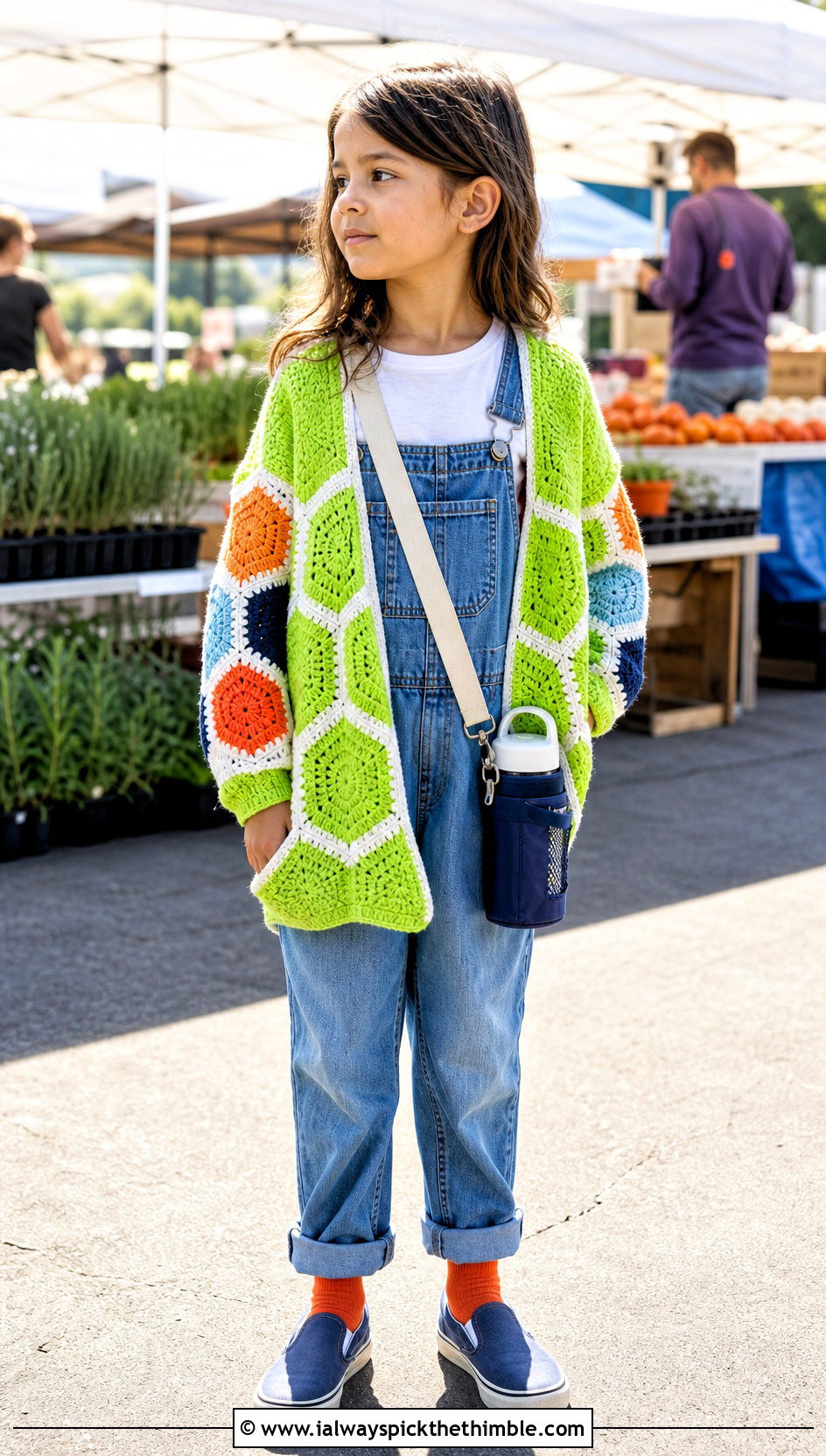 Hexagon Crochet Cardigan With Denim Overalls - 15 Crochet Childs Sweater outfit ideas