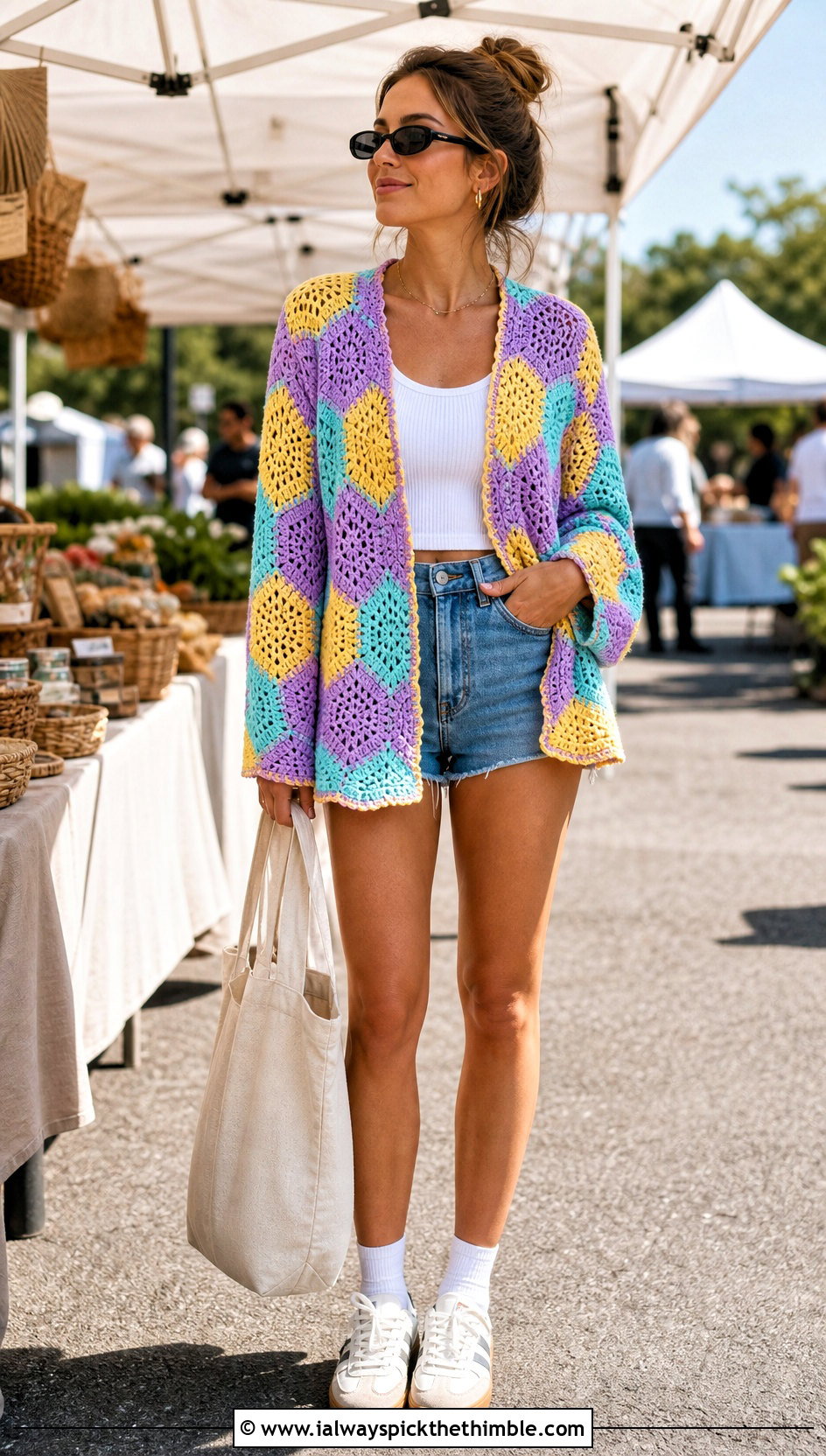 Hexagon Crochet Cardigan With Denim Shorts - 25 crochet summer cardigan outfit ideas