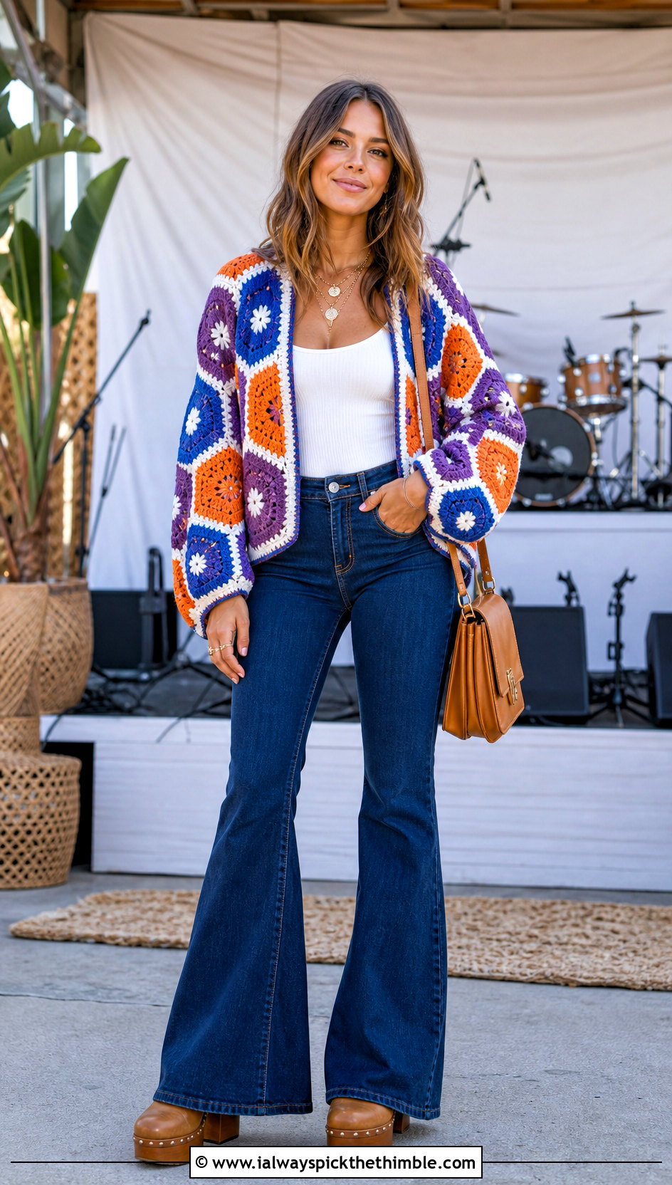 Hexagon Crochet Cardigan With Flared Jeans - 25 simple crochet cardigan outfit ideas