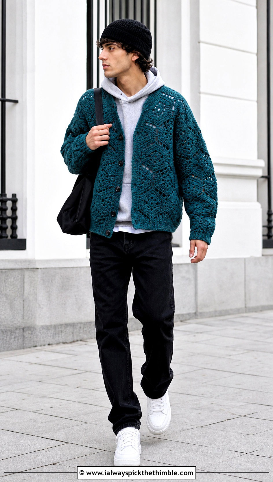 Hexagon Crochet Cardigan With Hoodie And Black Jeans - 25 mens crochet cardigan outfit ideas