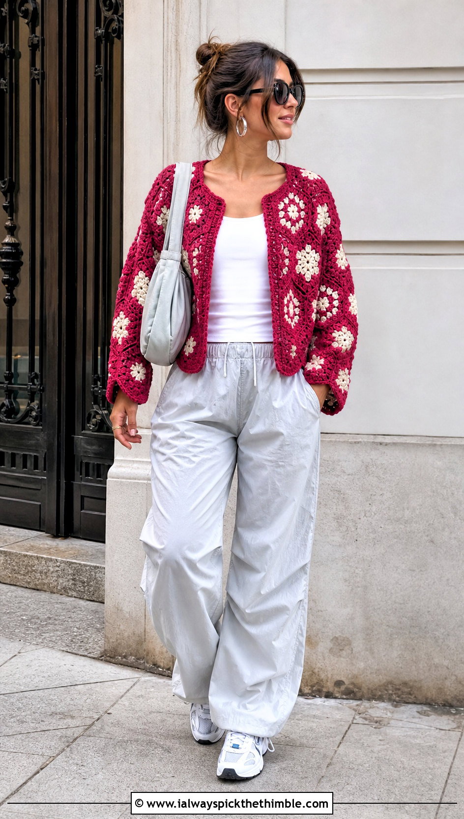 Hexagon Crochet Cardigan With Parachute Pants - 20 lightweight crochet cardigan outfit ideas