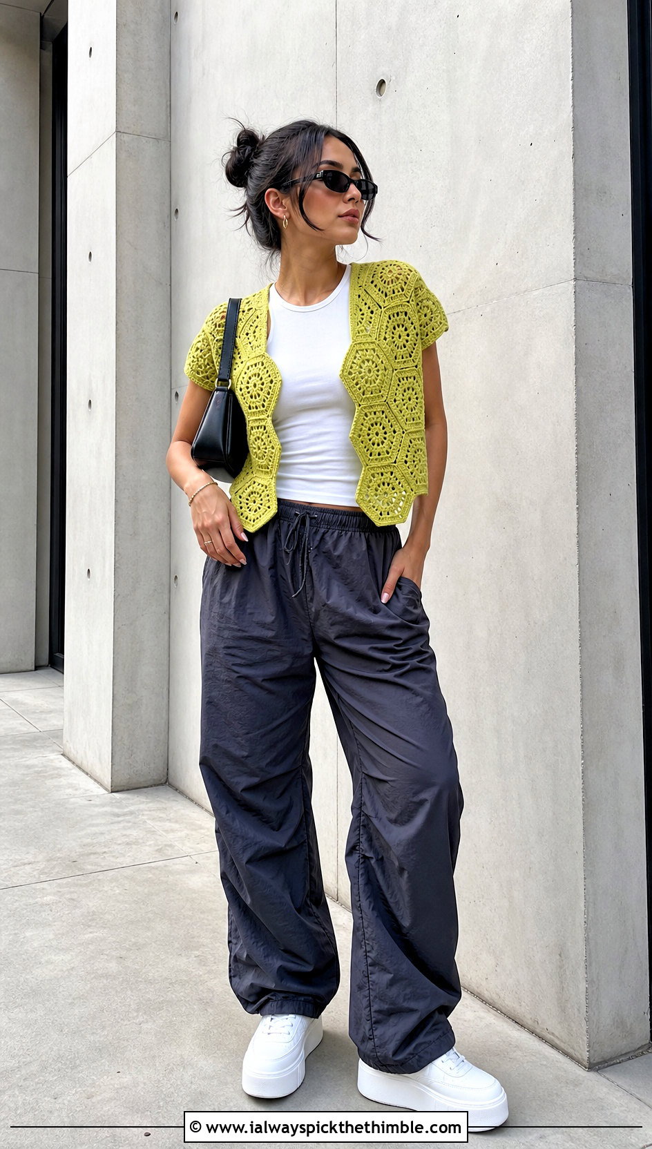 Hexagon Crochet Cardigan With Parachute Pants - 20 short sleeve summer crochet cardigan outfit ideas