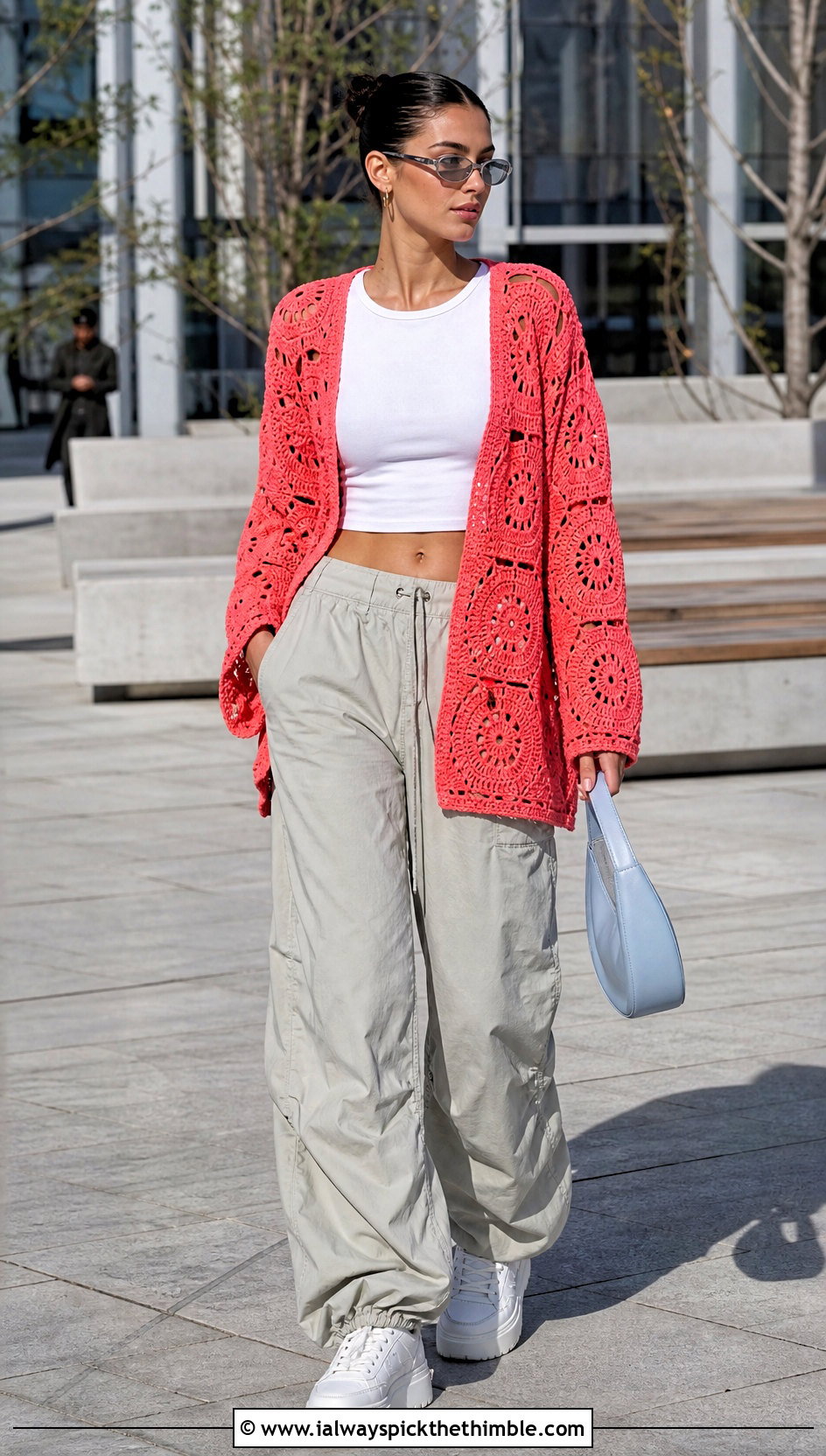 Hexagon Crochet Cardigan With Parachute Pants - 20 kawaii crochet cardigan outfit ideas
