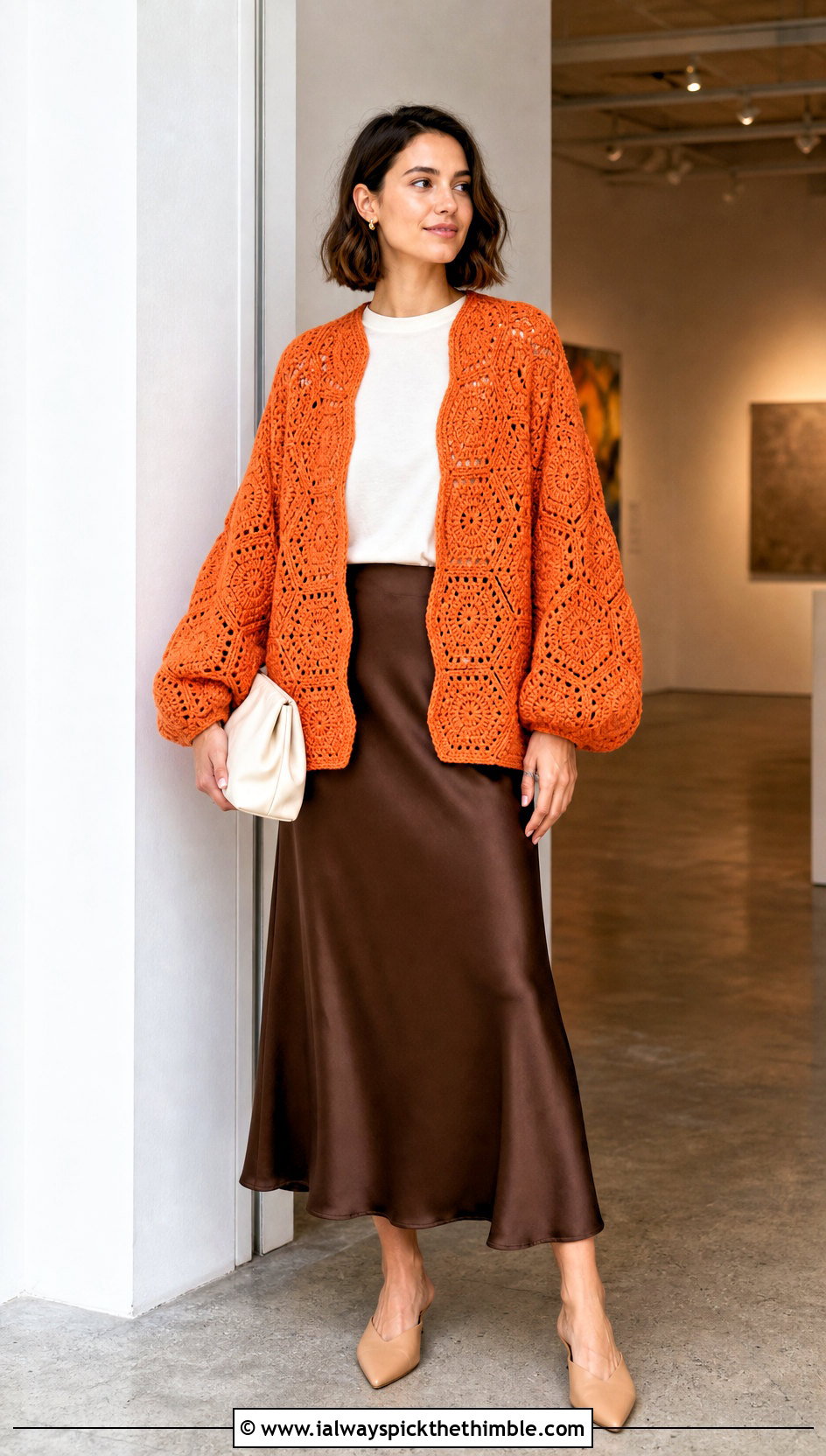 Hexagon Crochet Cardigan With Satin Slip Skirt - 20 crochet spring cardigan outfit ideas