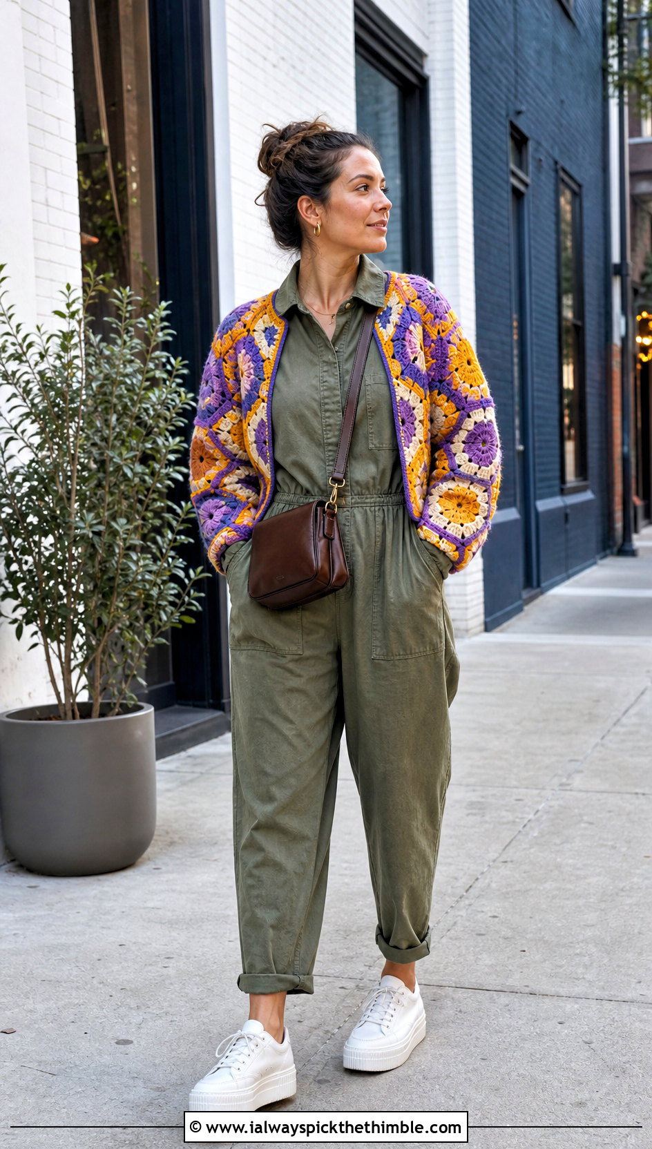Hexagon Crochet Cardigan With Utility Jumpsuit - 15 Crochet Womens Cardigan Sweater outfit ideas
