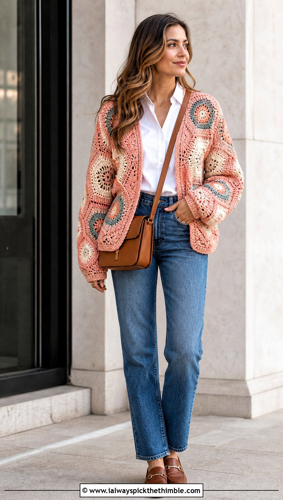 Hexagon Crochet Cardigan With White Shirt And Jeans - 25 fall crochet sweater outfit ideas