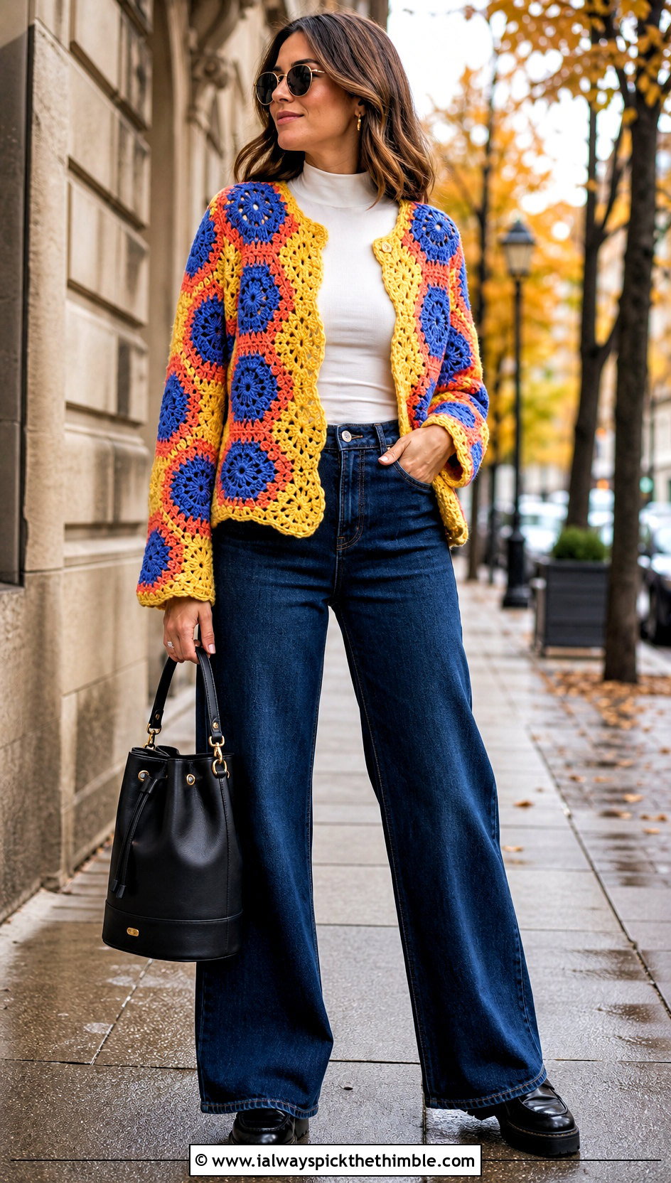 Hexagon Crochet Cardigan With Wide Leg Jeans - 20 Crochet Colourful Cardigan outfit ideas
