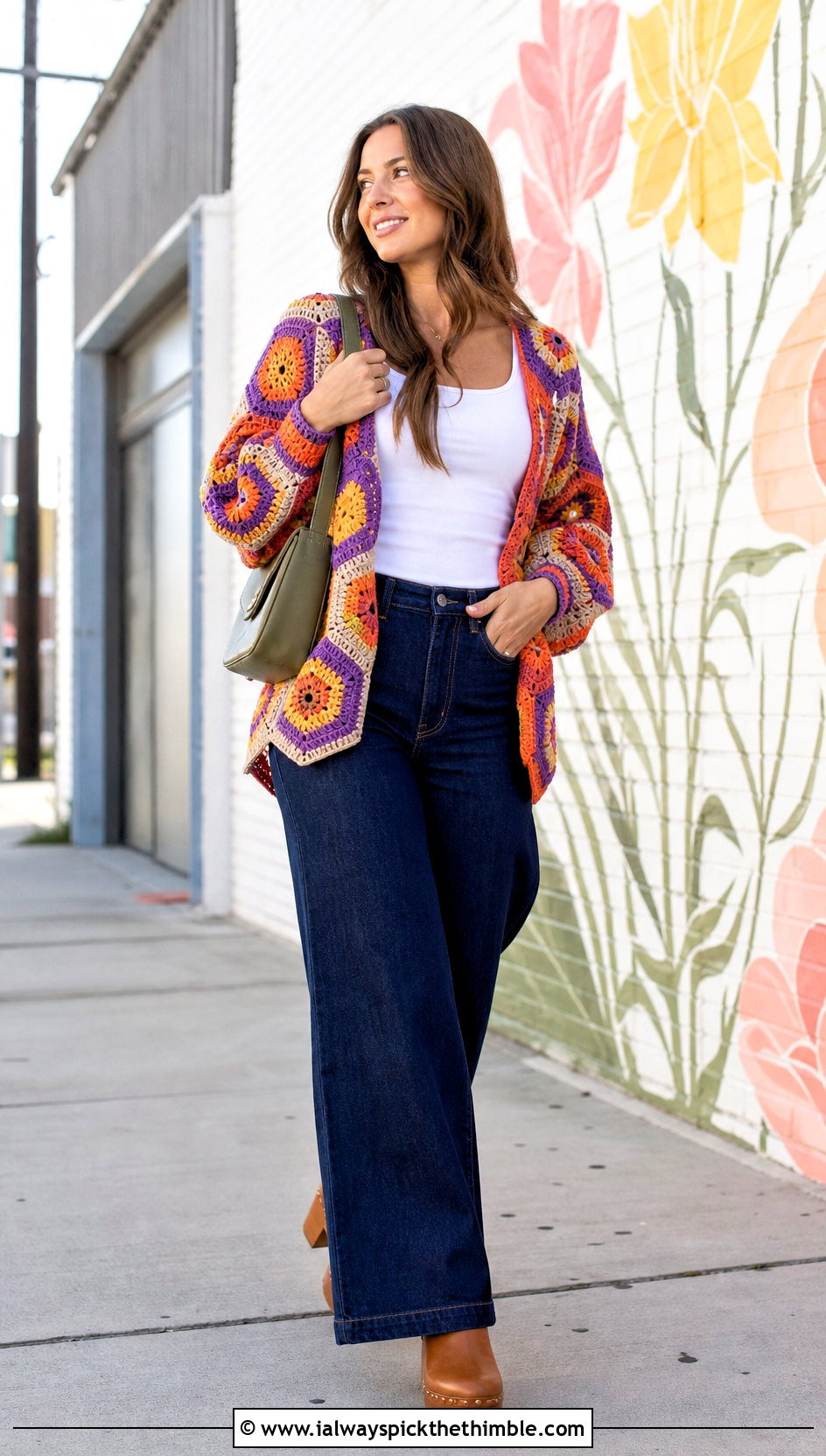 Hexagon Crochet Cardigan With Wide Leg Jeans - 25 ladies crochet cardigan outfit ideas