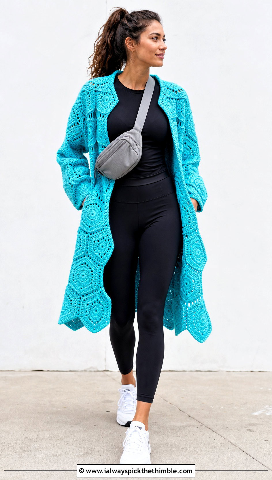Hexagon Crochet Coat With Leggings And Sneakers - 15 beginner crochet coat outfit ideas