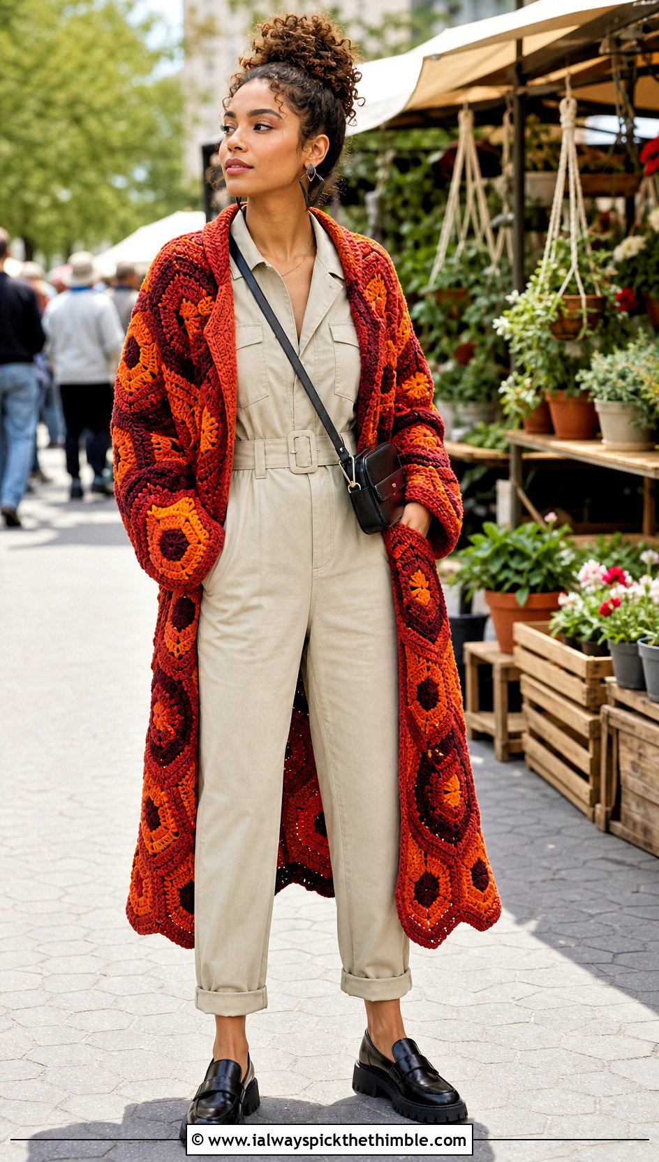 Hexagon Crochet Coat With Utility Jumpsuit - 25 crochet coats & jackets outfit ideas