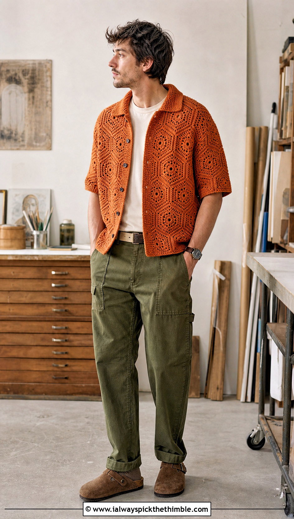 Hexagon Crochet Collared Shirt With Workwear Pants - 15 Mens Crochet Collared Shirt outfit ideas