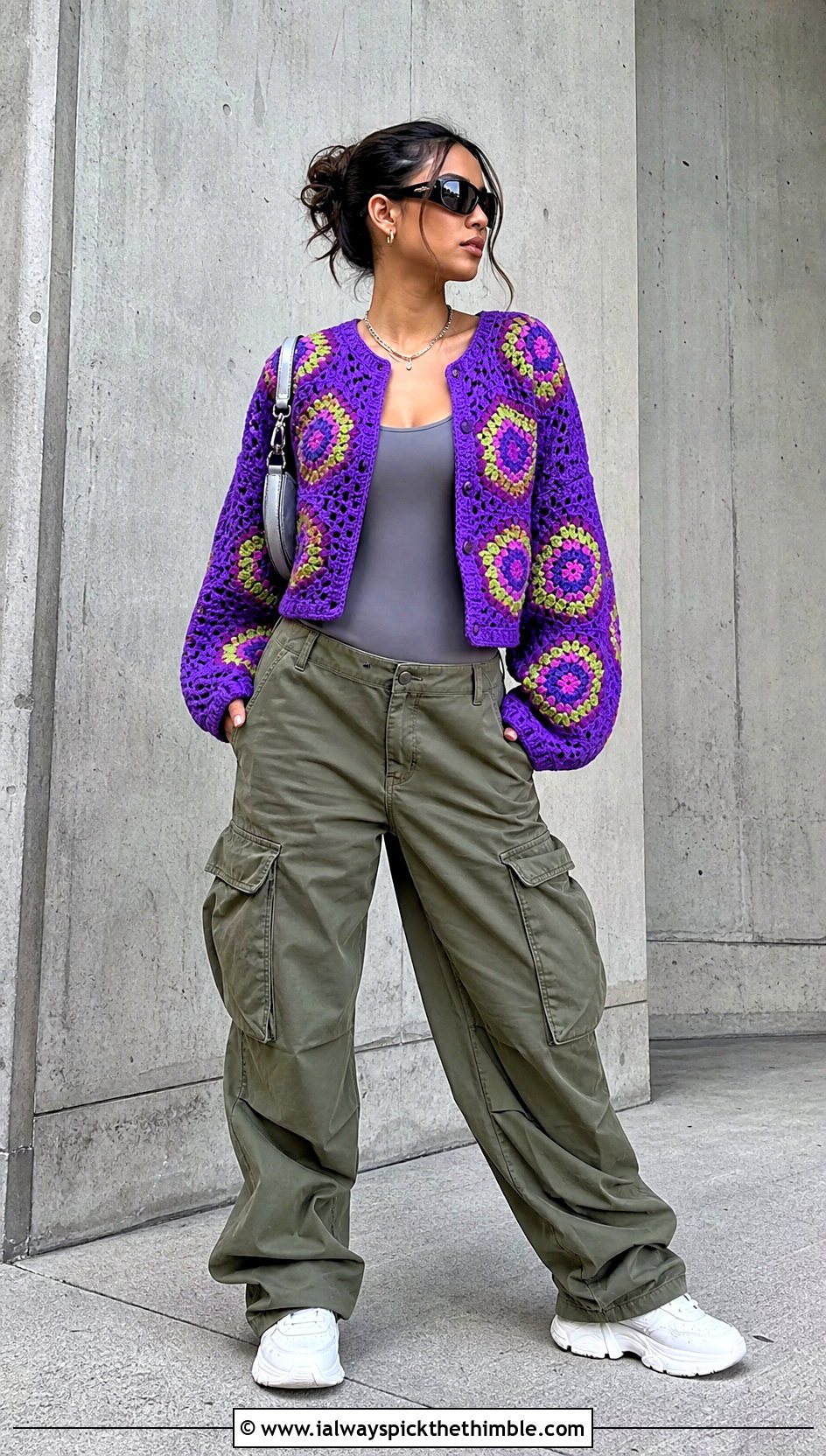 Hexagon Crochet Crop Cardigan With Cargo Pants - 20 Chunky Crochet Crop Cardigan outfit ideas