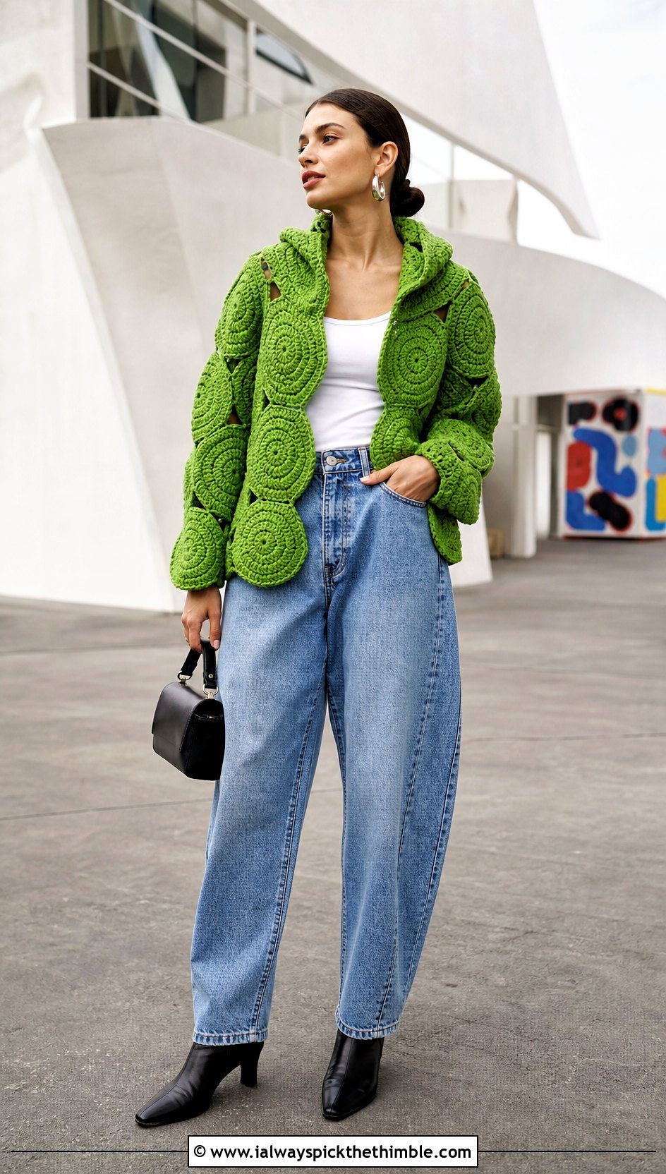 Hexagon Crochet Hoodie With Barrel Jeans - 25 crochet hoodie outfit ideas