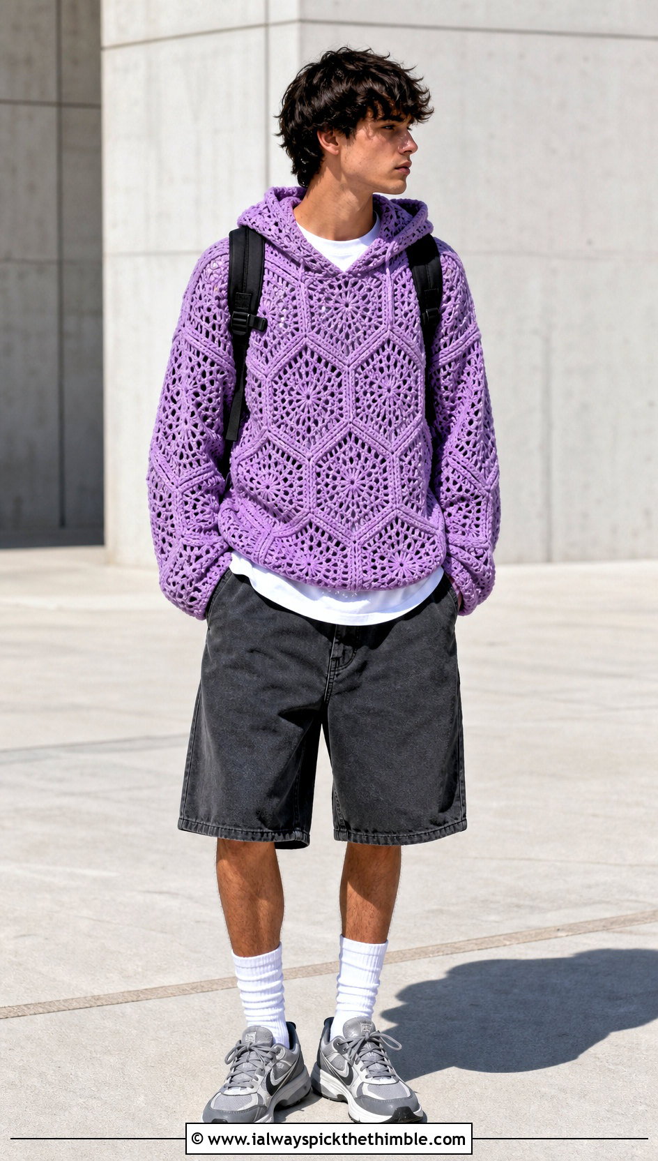 Hexagon Crochet Hoodie With Skate Shorts - 25 crochet hoodie for men outfit ideas