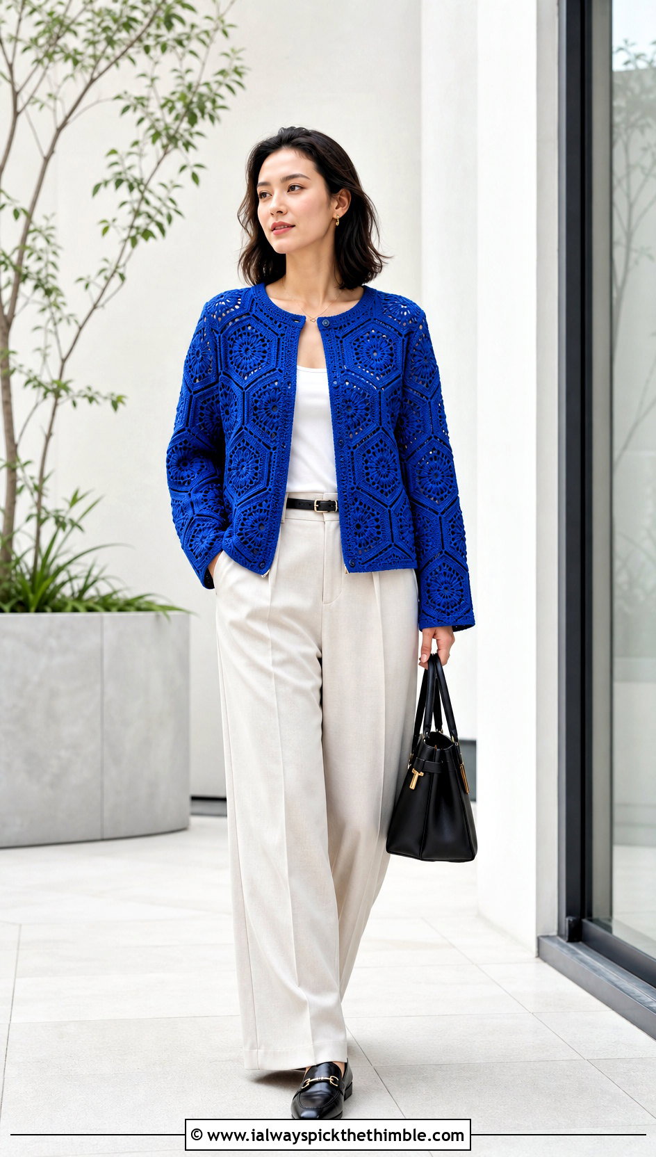 Hexagon Crochet Jacket With Wide Leg Trousers - 15 beginner crochet jacket ideas